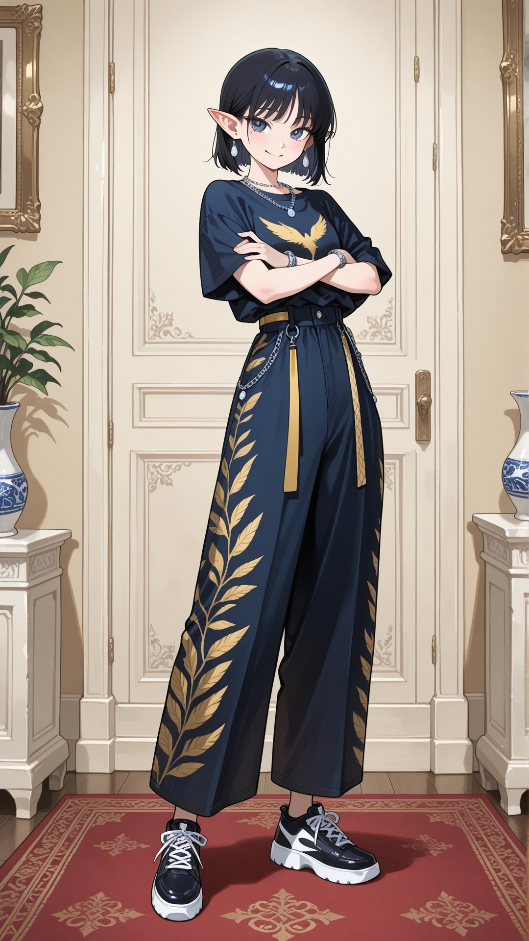 A shortstack female halfling with porcelain skin, small pointed ears, and short straight black hair stands in a bright elegant room, looking at the viewer. She wears a yellow feather-print button-up shirt with dark blue velvet flared pants, dark blue chunky platform sneakers, a delicate silver necklace, and a thin silver bracelet. full body, no realism, soft anime art style. Smile, crossed arms