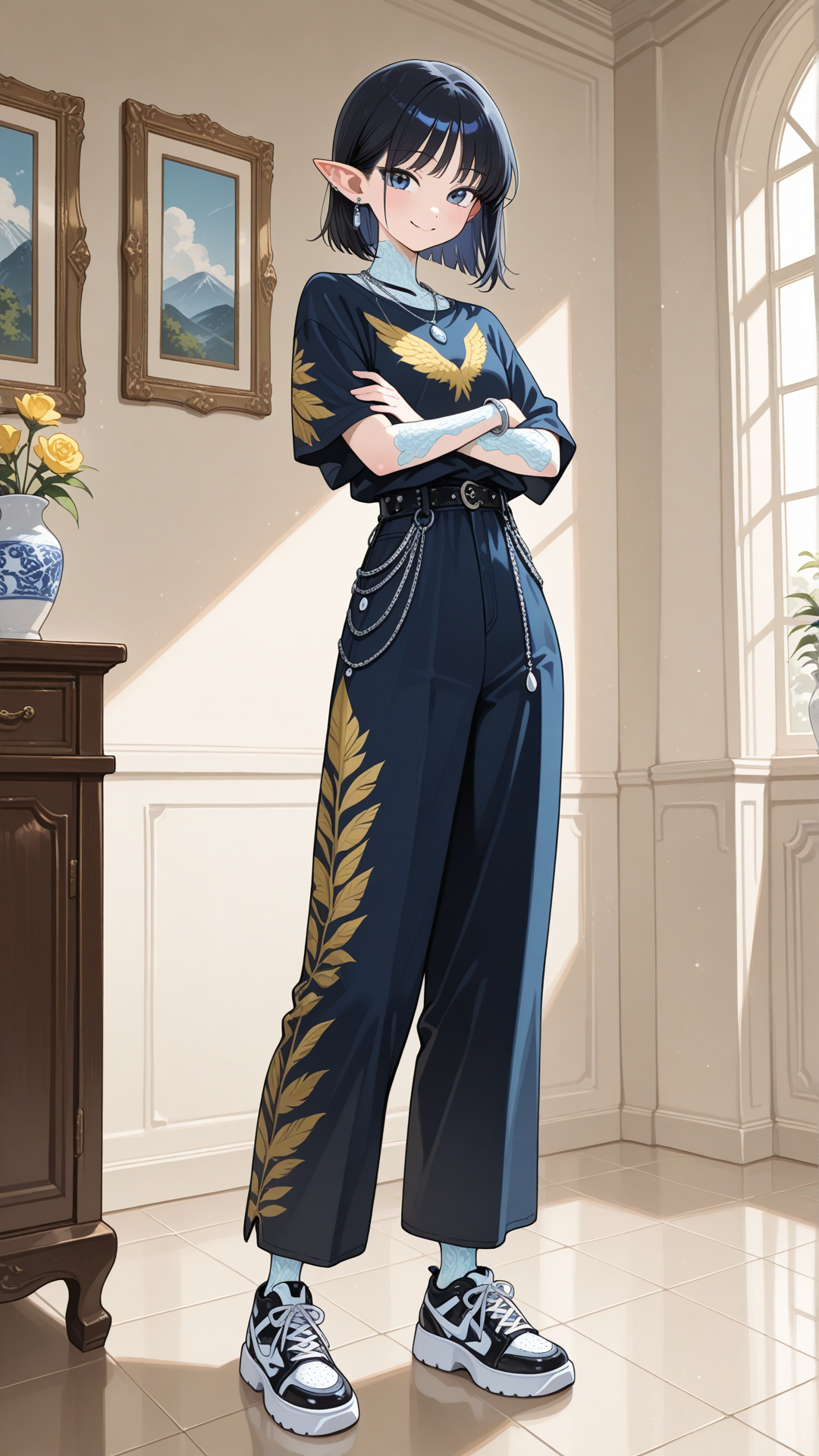 A shortstack female halfling with porcelain skin, small pointed ears, and short straight black hair stands in a bright elegant room, looking at the viewer. She wears a yellow feather-print button-up shirt with dark blue velvet flared pants, dark blue chunky platform sneakers, a delicate silver necklace, and a thin silver bracelet. full body, no realism, soft anime art style. Smile, crossed arms