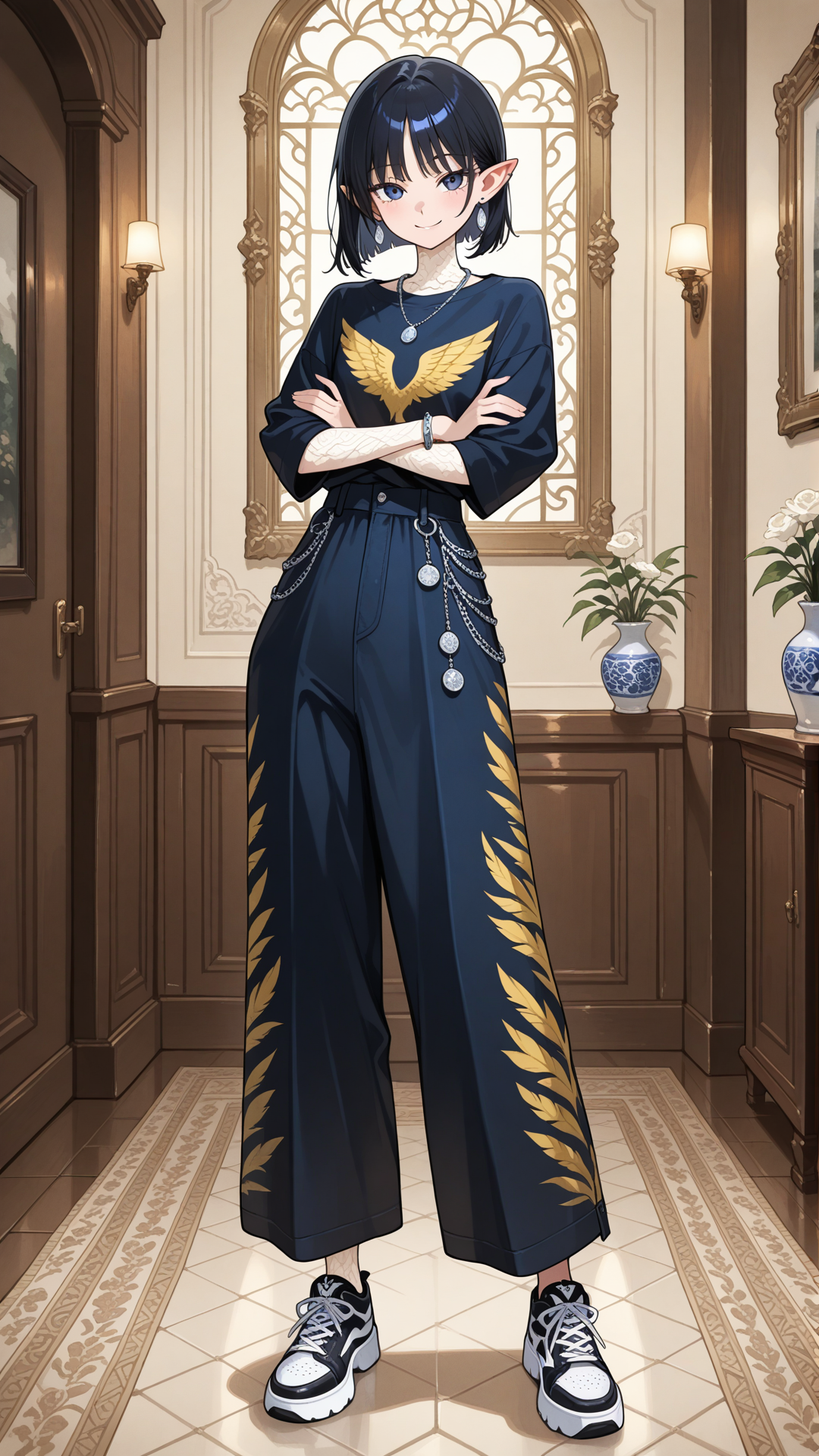 A shortstack female halfling with porcelain skin, small pointed ears, and short straight black hair stands in a bright elegant room, looking at the viewer. She wears a yellow feather-print button-up shirt with dark blue velvet flared pants, dark blue chunky platform sneakers, a delicate silver necklace, and a thin silver bracelet. full body, no realism, soft anime art style. Smile, crossed arms