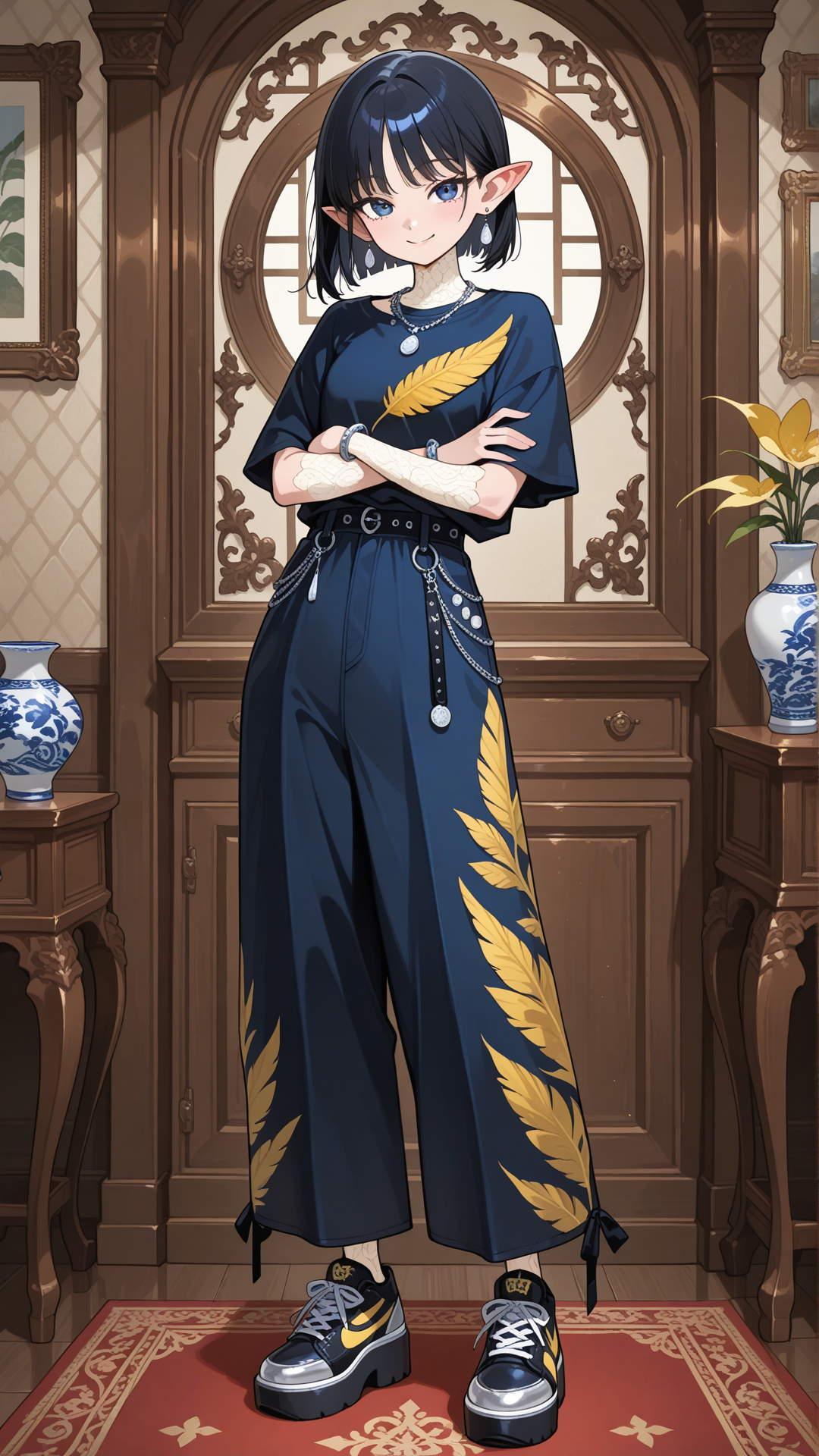 A shortstack female halfling with porcelain skin, small pointed ears, and short straight black hair stands in a bright elegant room, looking at the viewer. She wears a yellow feather-print button-up shirt with dark blue velvet flared pants, dark blue chunky platform sneakers, a delicate silver necklace, and a thin silver bracelet. full body, no realism, soft anime art style. Smile, crossed arms
