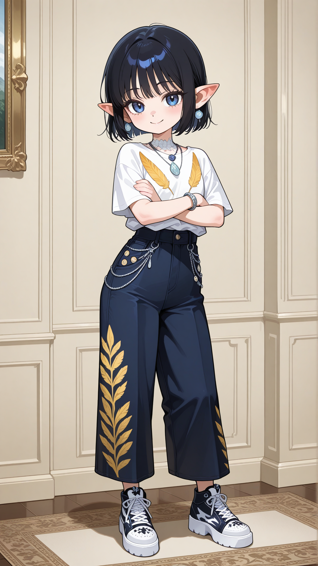 A (shortstack:1.3), (female halfling:1.3) with porcelain skin, small pointed ears, and short straight black hair stands in a bright elegant room, looking at the viewer. She wears a yellow feather-print button-up shirt with dark blue velvet flared pants, dark blue chunky platform sneakers, a delicate silver necklace, and a thin silver bracelet. full body, no realism, soft anime art style. Smile, crossed arms