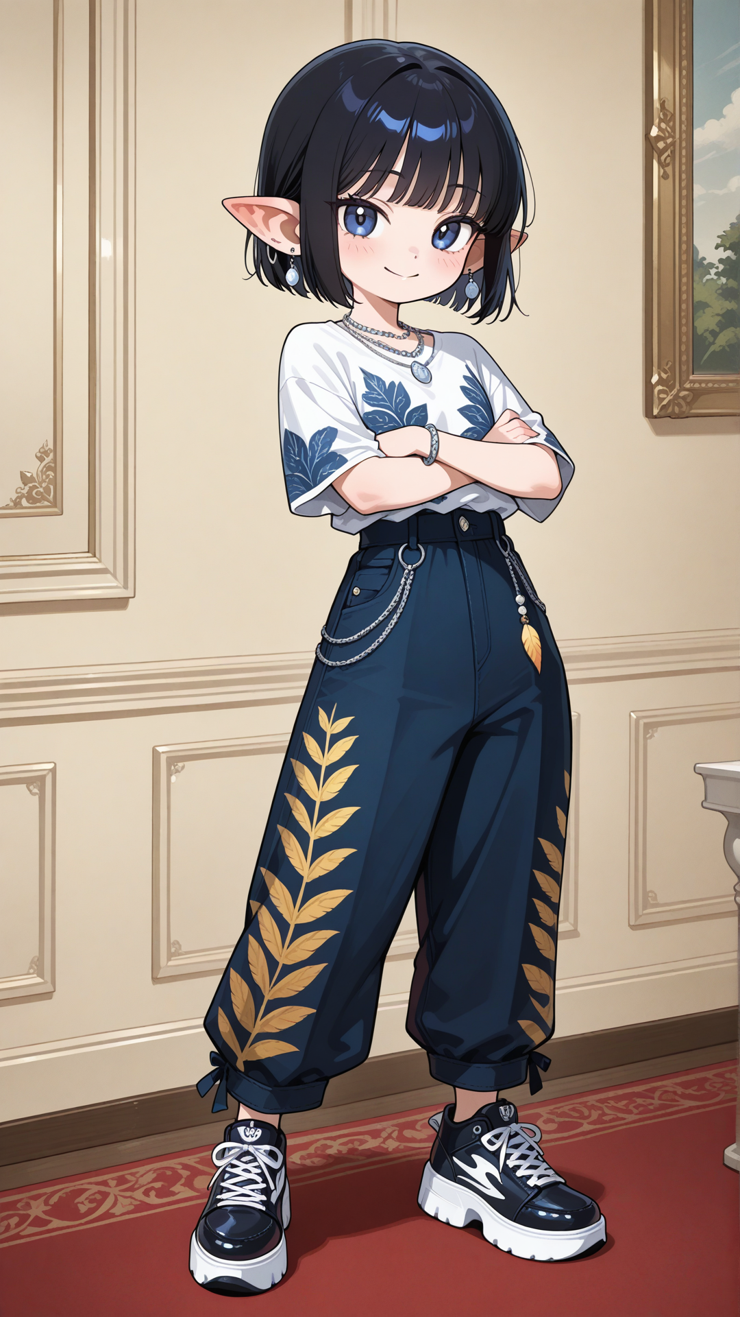 A (shortstack:1.3), (female halfling:1.3) with porcelain skin, small pointed ears, and short straight black hair stands in a bright elegant room, looking at the viewer. She wears a yellow feather-print button-up shirt with dark blue velvet flared pants, dark blue chunky platform sneakers, a delicate silver necklace, and a thin silver bracelet. full body, no realism, soft anime art style. Smile, crossed arms
