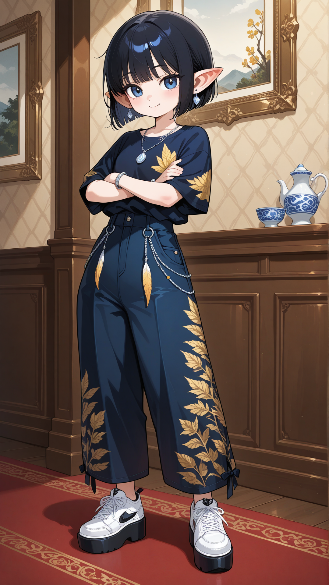 A (shortstack:1.3), (female halfling:1.3) with porcelain skin, small pointed ears, and short straight black hair stands in a bright elegant room, looking at the viewer. She wears a yellow feather-print button-up shirt with dark blue velvet flared pants, dark blue chunky platform sneakers, a delicate silver necklace, and a thin silver bracelet. full body, no realism, soft anime art style. Smile, crossed arms