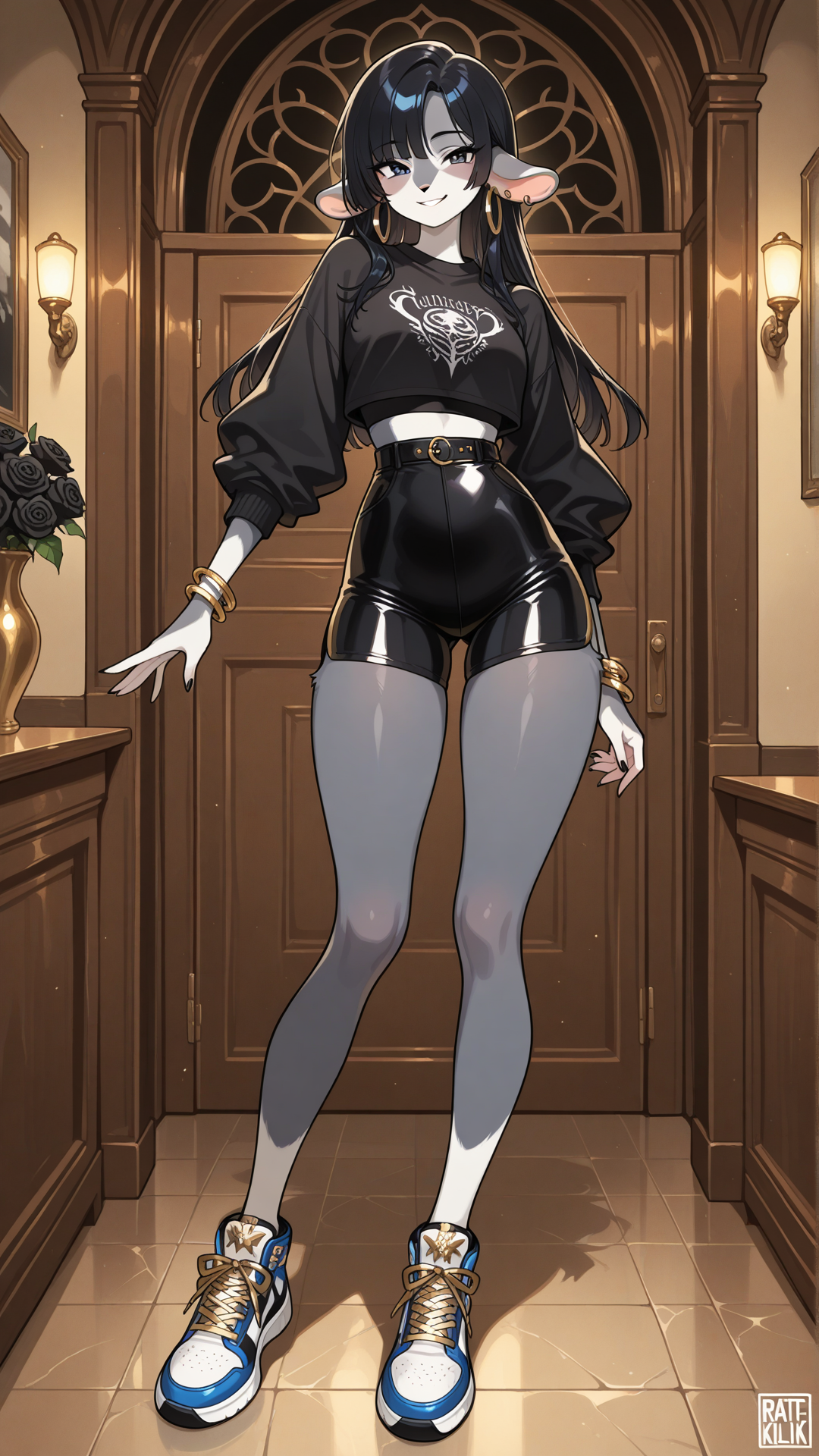 A female ratfolk, furry rat, with soft grey fur, small rounded ears, and short straight black hair stands in a modern luxury underground interior, looking at the viewer. She wears a black crop top with solid blue metallic biker shorts and black and white rose sneakers, a thin gold bracelet, and small gold hoop earrings. full body, no realism, soft anime art style, smile