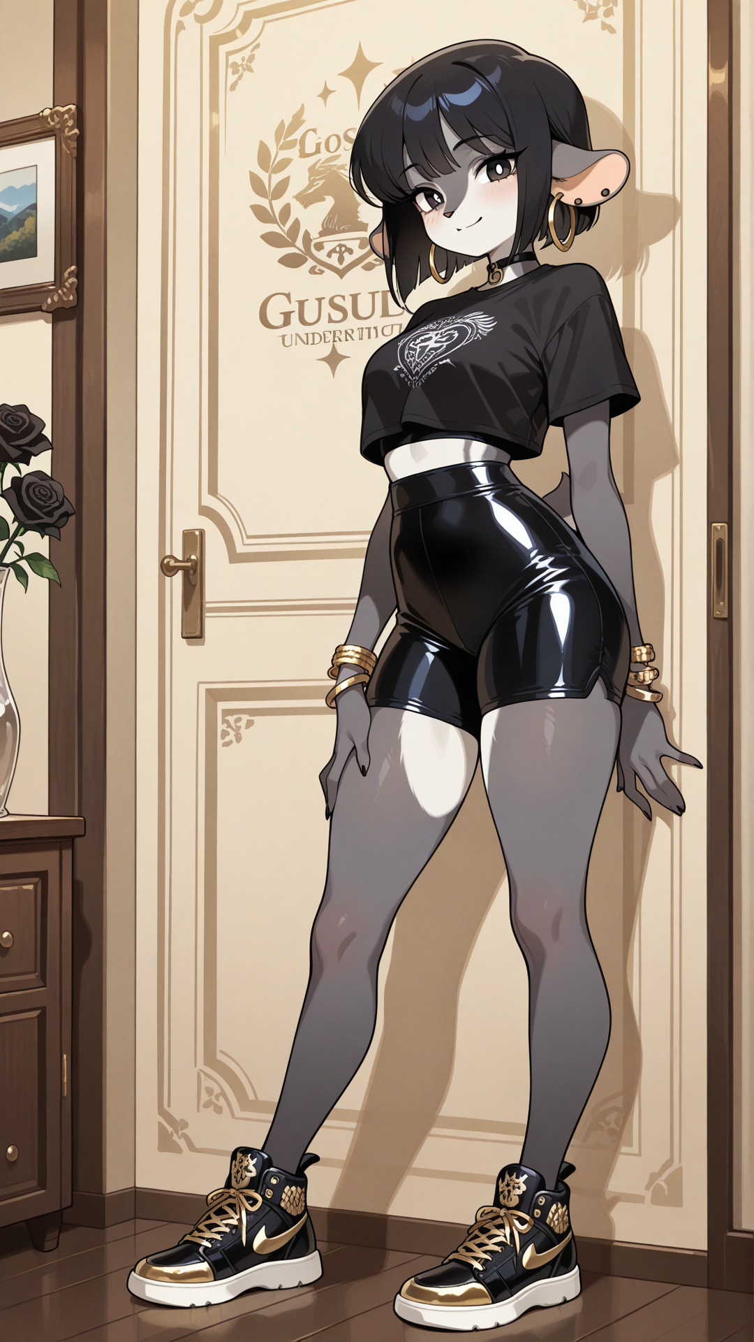 A female ratfolk, furry rat, with soft grey fur, small rounded ears, and short straight black hair stands in a modern luxury underground interior, looking at the viewer. She wears a black crop top with solid blue metallic biker shorts and black and white rose sneakers, a thin gold bracelet, and small gold hoop earrings. full body, no realism, soft anime art style, smile