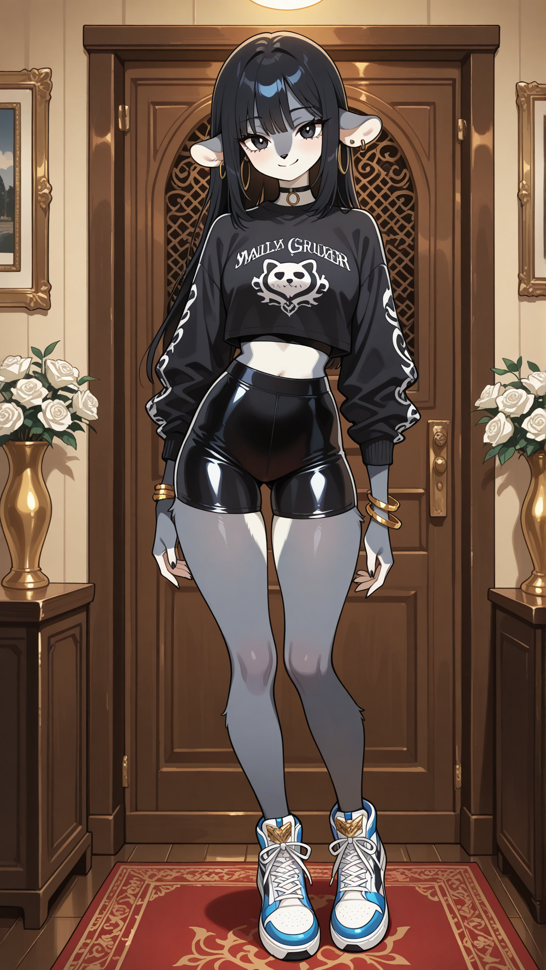 A female ratfolk, furry rat, with soft grey fur, small rounded ears, and short straight black hair stands in a modern luxury underground interior, looking at the viewer. She wears a black crop top with solid blue metallic biker shorts and black and white rose sneakers, a thin gold bracelet, and small gold hoop earrings. full body, no realism, soft anime art style, smile