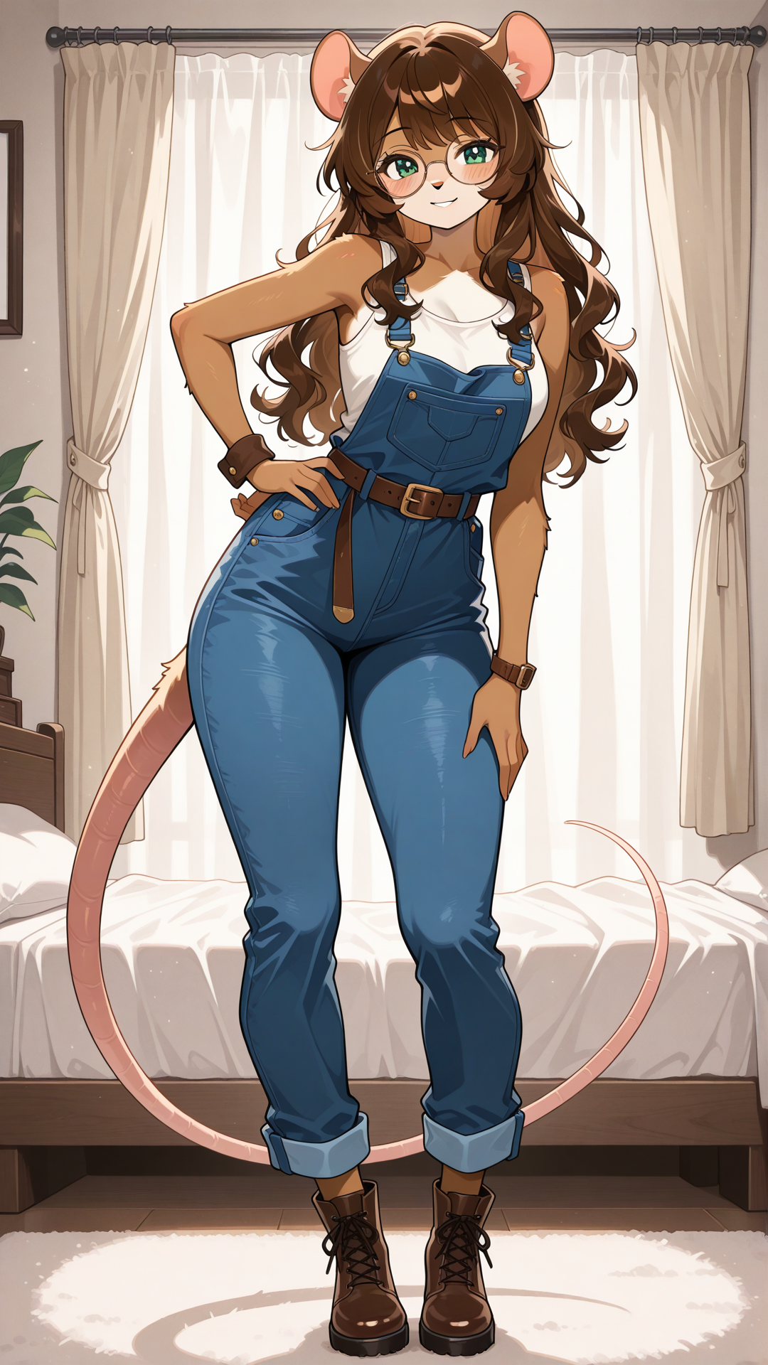 Full body view of an attractive female ratfolk, ((anthromorphic rat)), standing confidently in soft anime art style, no realism, stylized cute proportions with beautiful curvaceous figure. Warm chestnut brown fur with lighter underbelly, small rat ears, long tail. Long wavy dark brown hair with soft bangs, large emerald green eyes behind round gold-rimmed glasses with warm smile. Wearing a white tank top under classic blue denim overalls with rolled cuffs and adjustable straps, thin brown belt, and brown ankle boots. Standing pose with one hand on hip, slight confident lean, attractive smile, full body head to toe visible, soft shading, denim and fur textures, charming casual appeal with glasses. Bedroom, bed with curtains, love room