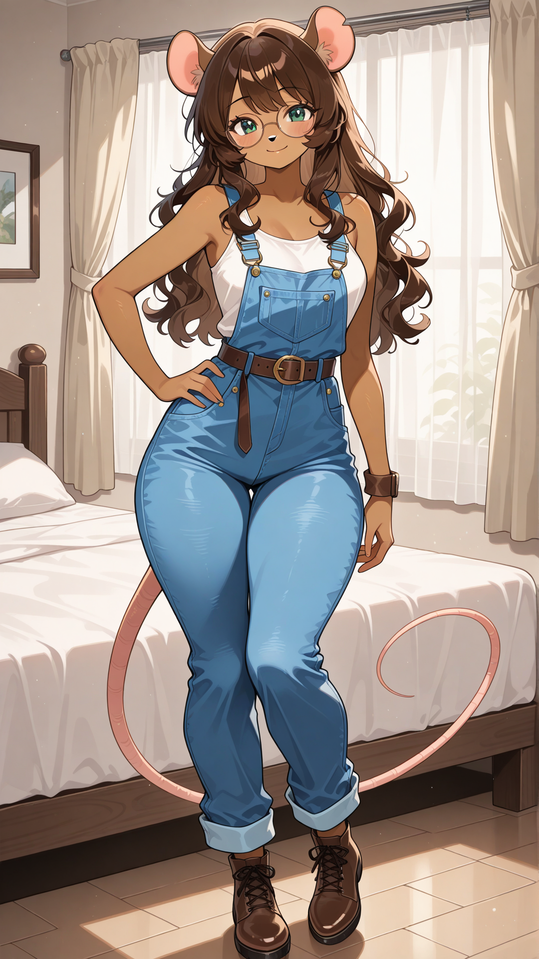 Full body view of an attractive female ratfolk, ((anthromorphic rat)), standing confidently in soft anime art style, no realism, stylized cute proportions with beautiful curvaceous figure. Warm chestnut brown fur with lighter underbelly, small rat ears, long tail. Long wavy dark brown hair with soft bangs, large emerald green eyes behind round gold-rimmed glasses with warm smile. Wearing a white tank top under classic blue denim overalls with rolled cuffs and adjustable straps, thin brown belt, and brown ankle boots. Standing pose with one hand on hip, slight confident lean, attractive smile, full body head to toe visible, soft shading, denim and fur textures, charming casual appeal with glasses. Bedroom, bed with curtains, love room