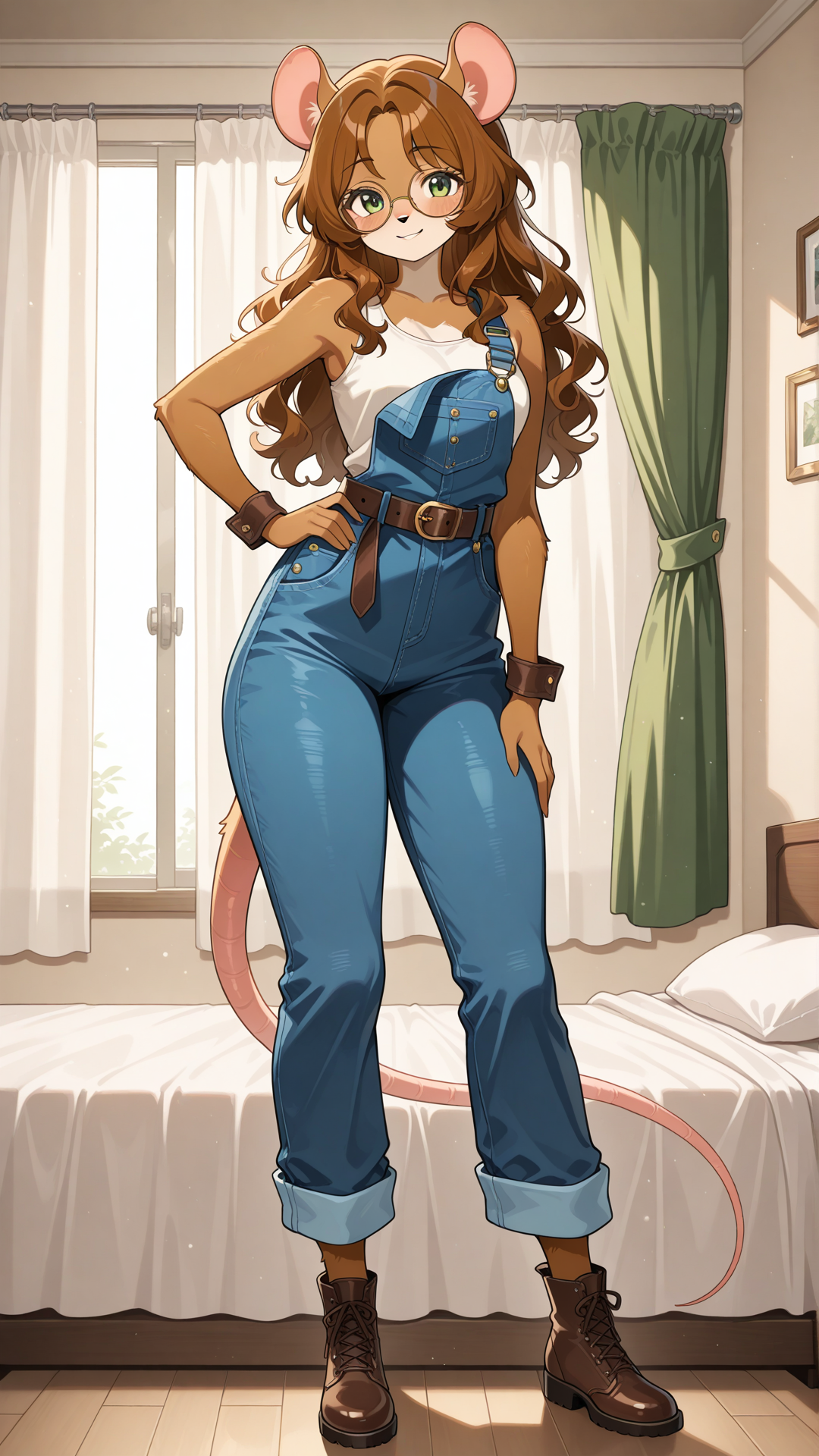 Full body view of an attractive female ratfolk, ((anthromorphic rat)), standing confidently in soft anime art style, no realism, stylized cute proportions with beautiful curvaceous figure. Warm chestnut brown fur with lighter underbelly, small rat ears, long tail. Long wavy dark brown hair with soft bangs, large emerald green eyes behind round gold-rimmed glasses with warm smile. Wearing a white tank top under classic blue denim overalls with rolled cuffs and adjustable straps, thin brown belt, and brown ankle boots. Standing pose with one hand on hip, slight confident lean, attractive smile, full body head to toe visible, soft shading, denim and fur textures, charming casual appeal with glasses. Bedroom, bed with curtains, love room