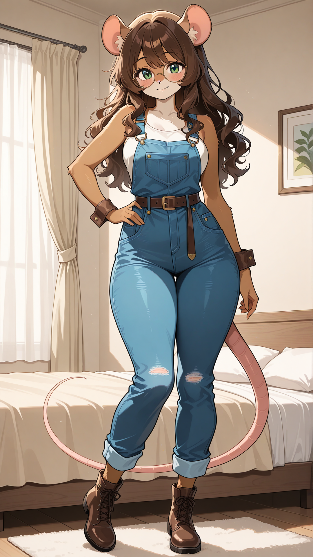 Full body view of an attractive female ratfolk, ((anthromorphic rat)), standing confidently in soft anime art style, no realism, stylized cute proportions with beautiful curvaceous figure. Warm chestnut brown fur with lighter underbelly, small rat ears, long tail. Long wavy dark brown hair with soft bangs, large emerald green eyes behind round gold-rimmed glasses with warm smile. Wearing a white tank top under classic blue denim overalls with rolled cuffs and adjustable straps, thin brown belt, and brown ankle boots. Standing pose with one hand on hip, slight confident lean, attractive smile, full body head to toe visible, soft shading, denim and fur textures, charming casual appeal with glasses. Bedroom, bed with curtains, love room