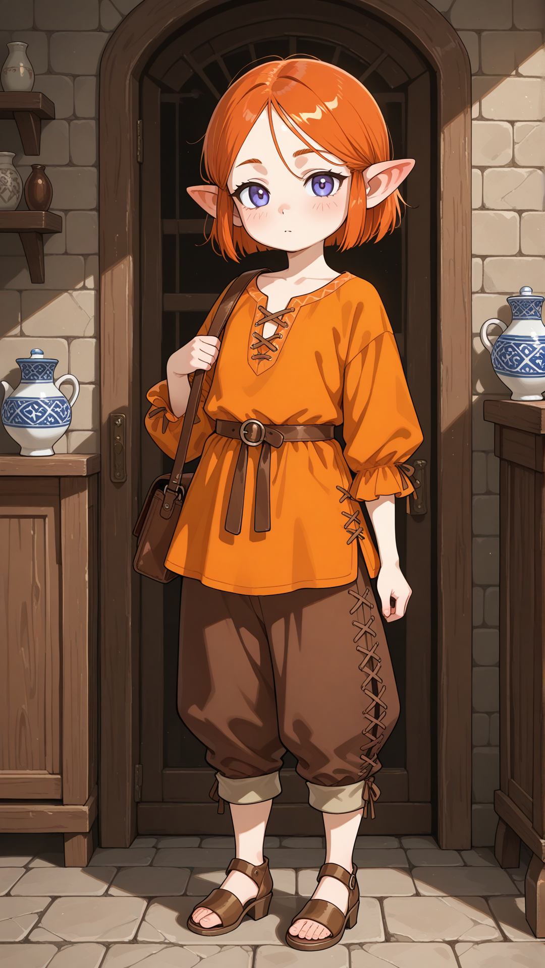 (((shortstack:1.3))), (((female halfling))) with porcelain skin, small pointed ears, and short straight auburn hair stands in a modern luxury interior, looking at the viewer. full body, no realism, soft anime art style. Medieval village
orange bohemian shirt, brown capri pants, brown sandal heels