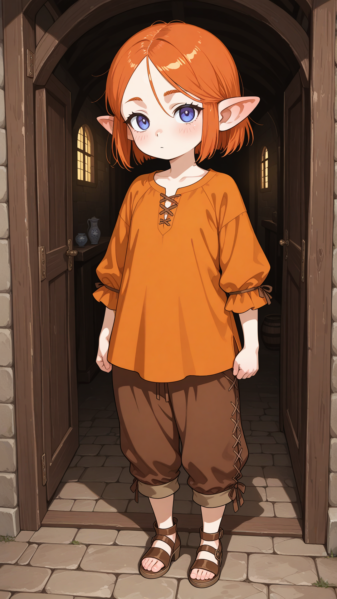 (((shortstack:1.3))), (((female halfling))) with porcelain skin, small pointed ears, and short straight auburn hair stands in a modern luxury interior, looking at the viewer. full body, no realism, soft anime art style. Medieval village
orange bohemian shirt, brown capri pants, brown sandal heels