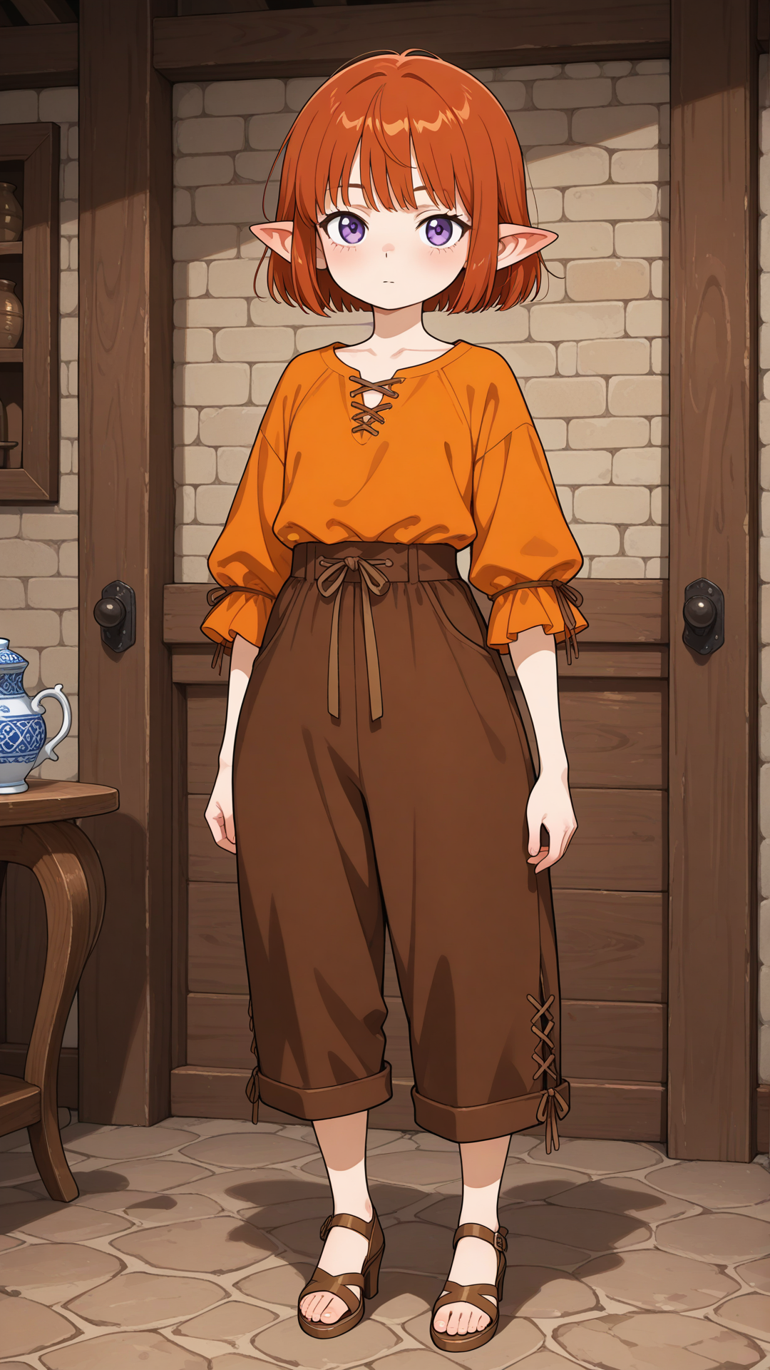 (((shortstack:1.3))), (((female halfling))) with porcelain skin, small pointed ears, and short straight auburn hair stands in a modern luxury interior, looking at the viewer. full body, no realism, soft anime art style. Medieval village
orange bohemian shirt, brown capri pants, brown sandal heels