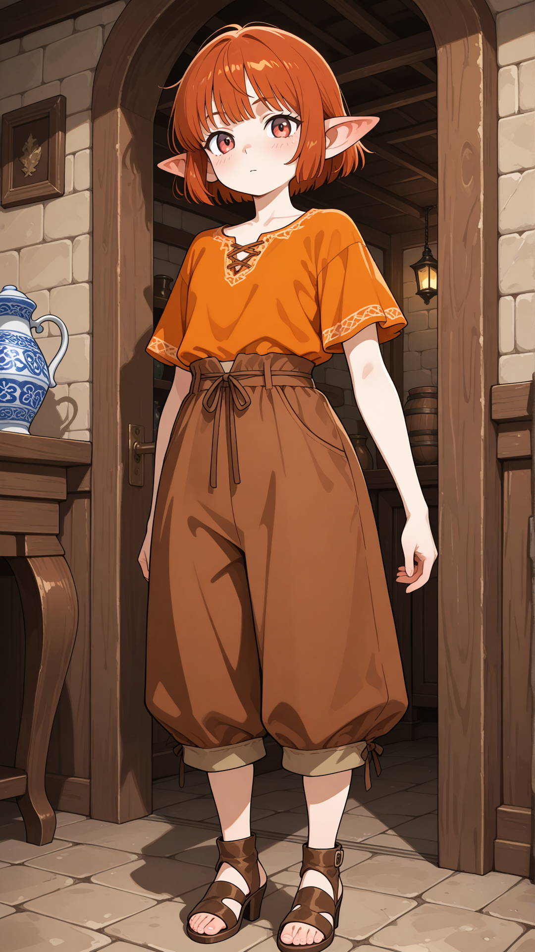 (((shortstack:1.3))), (((female halfling))) with porcelain skin, small pointed ears, and short straight auburn hair stands in a modern luxury interior, looking at the viewer. full body, no realism, soft anime art style. Medieval village
orange bohemian shirt, brown capri pants, brown sandal heels