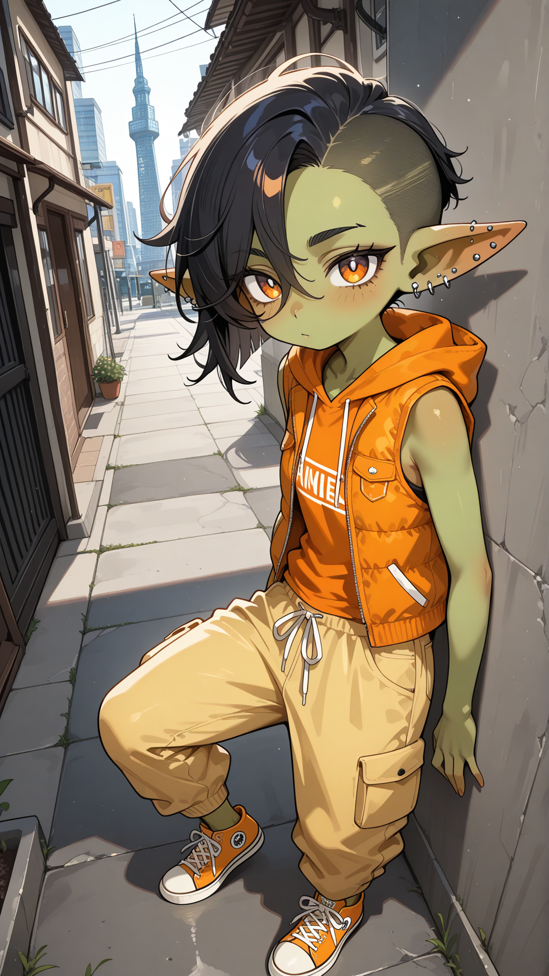 female goblin, green skin, short messy black hair with one side shaved, large pointed ears with multiple earrings, amber eyes, wearing an orange t-shirt, sleeveless brown hooded vest, yellow cargo pants, plain orange converse sneakers, urban city, very tall tower, concrete floor