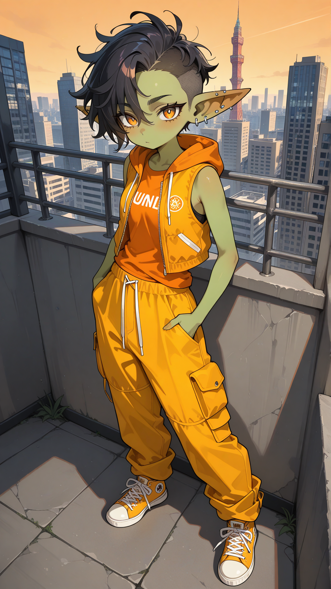 female goblin, green skin, short messy black hair with one side shaved, large pointed ears with multiple earrings, amber eyes, wearing an orange t-shirt, sleeveless brown hooded vest, yellow cargo pants, plain orange converse sneakers, urban city, very tall tower, concrete floor, standing, looking at viewer