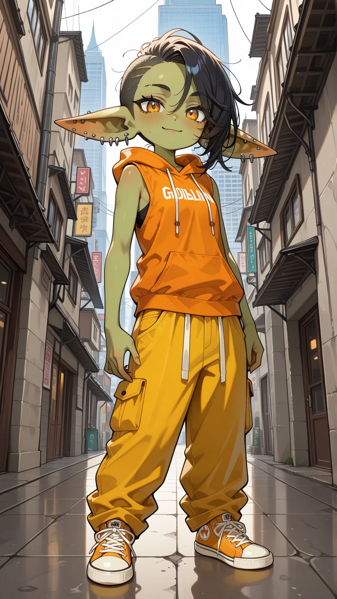female goblin, green skin, short messy black hair with one side shaved, large pointed ears with multiple earrings, amber eyes, wearing an orange t-shirt, sleeveless brown hooded vest, yellow cargo pants, plain orange converse sneakers, urban city, very tall tower, concrete floor, standing, looking at viewer, confidence smile, center view