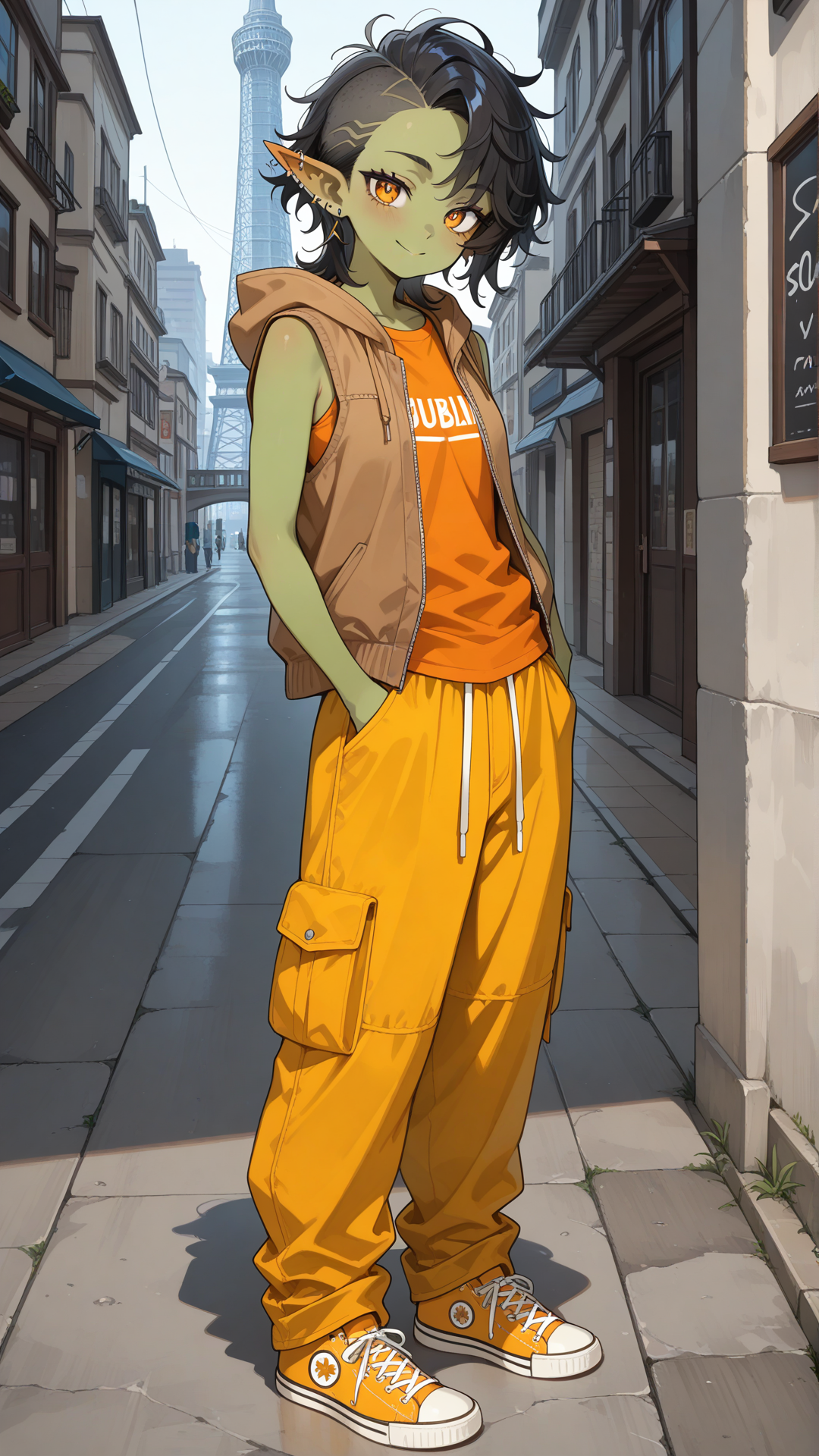 female goblin, green skin, short messy black hair with one side shaved, large pointed ears with multiple earrings, amber eyes, wearing an orange t-shirt, sleeveless brown hooded vest, yellow cargo pants, plain orange converse sneakers, urban city, very tall tower, concrete floor, standing, looking at viewer, confidence smile, center view, hands in pockets