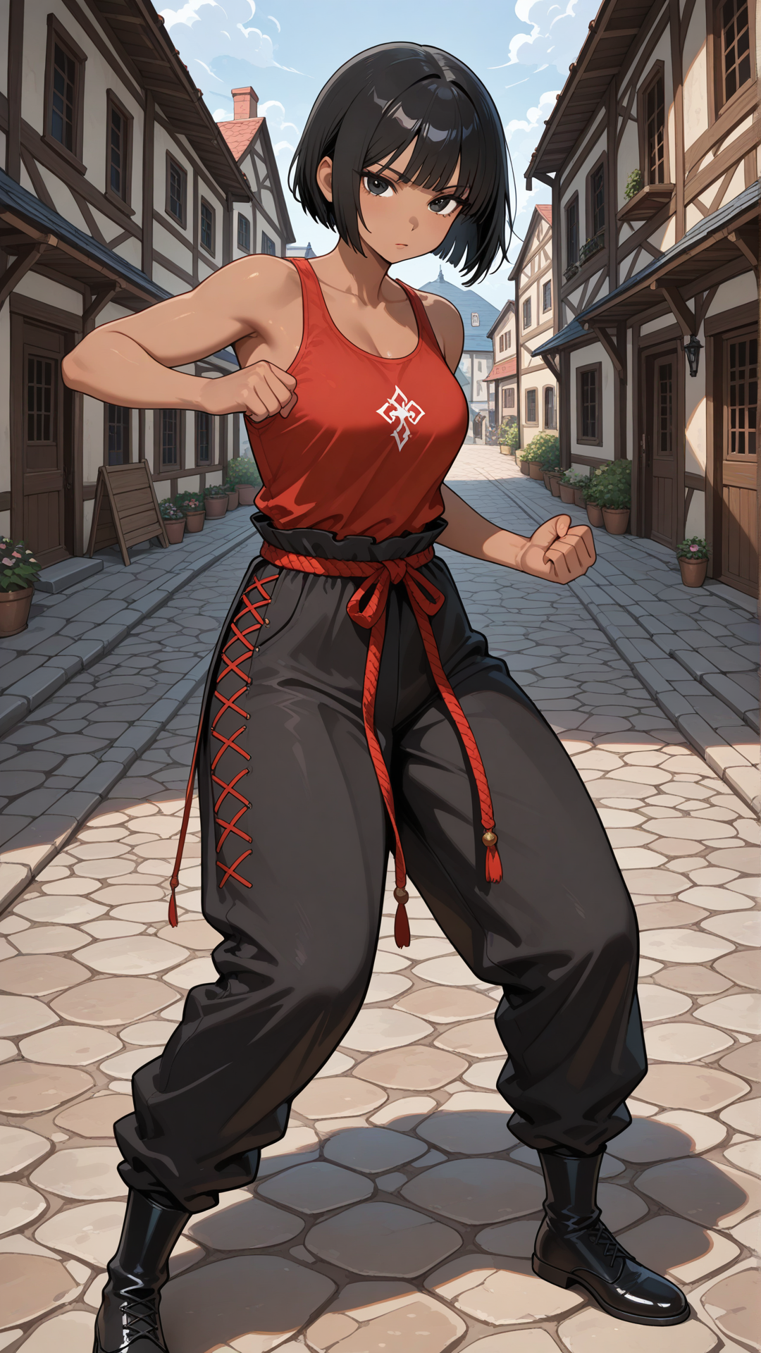 (((((dark skinned female))))), monk fighter attire, black hair, straight hair, black eyes, short hair, bob cut hair, red tank top, black pants, black footwear, standing, medieval background, medieval town