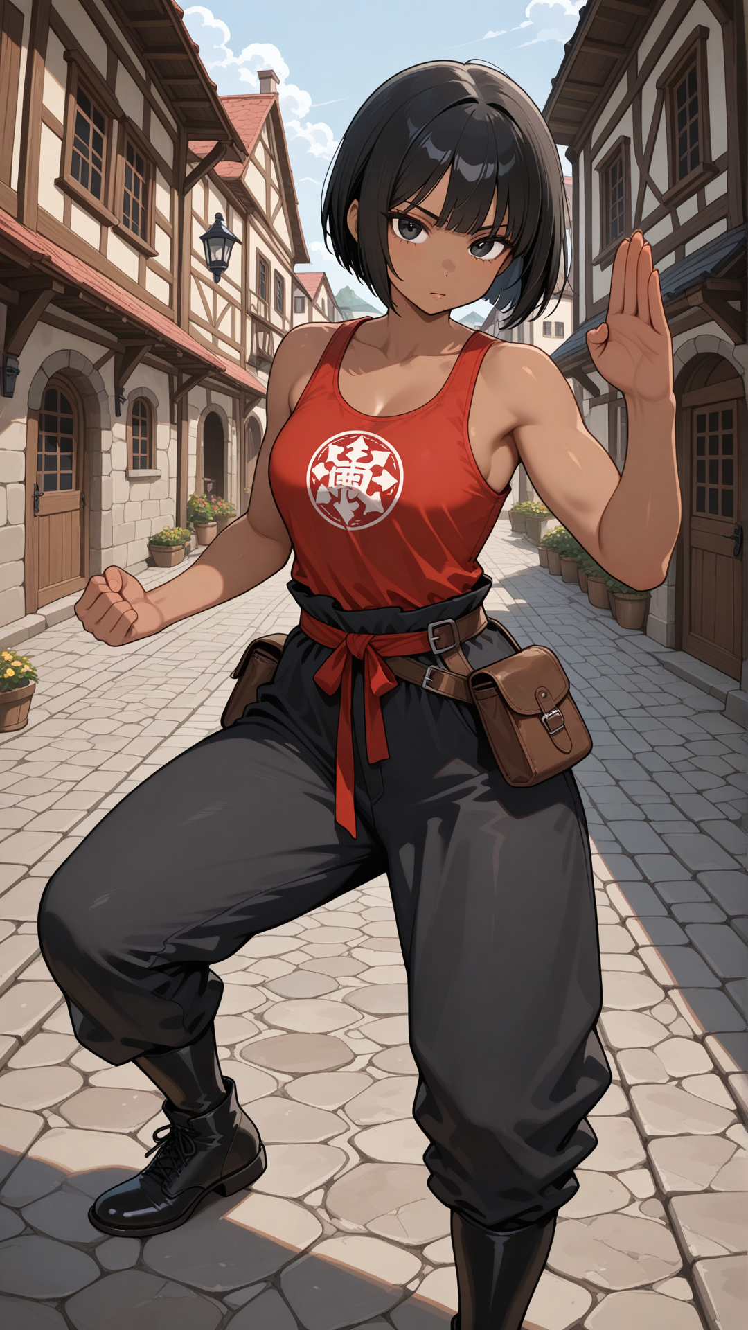 (((((dark skinned female))))), monk fighter attire, black hair, straight hair, black eyes, short hair, bob cut hair, red tank top, black pants, black footwear, standing, medieval background, medieval town