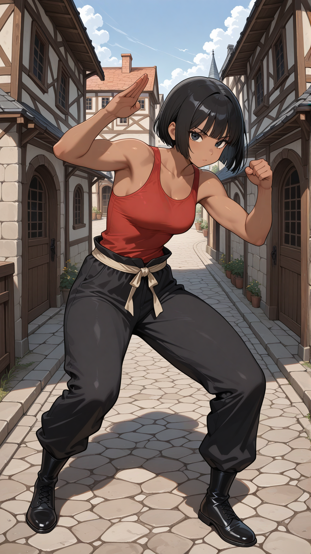 (((((dark skinned female))))), monk fighter attire, black hair, straight hair, black eyes, short hair, bob cut hair, red tank top, black pants, black footwear, standing, medieval background, medieval town