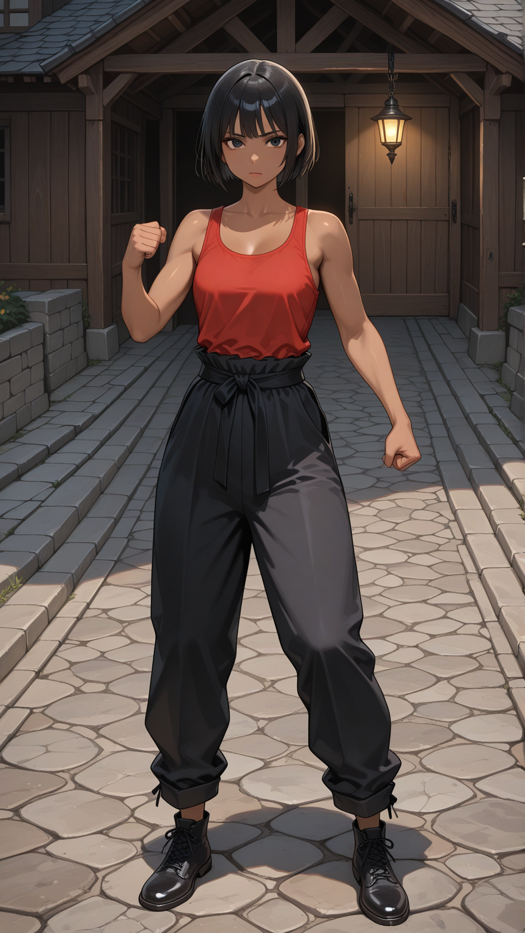 ((dark skinned female)), monk fighter attire, black hair, straight hair, black eyes, short hair, bob cut hair, red tank top, black pants, black footwear, standing, medieval background, medieval town