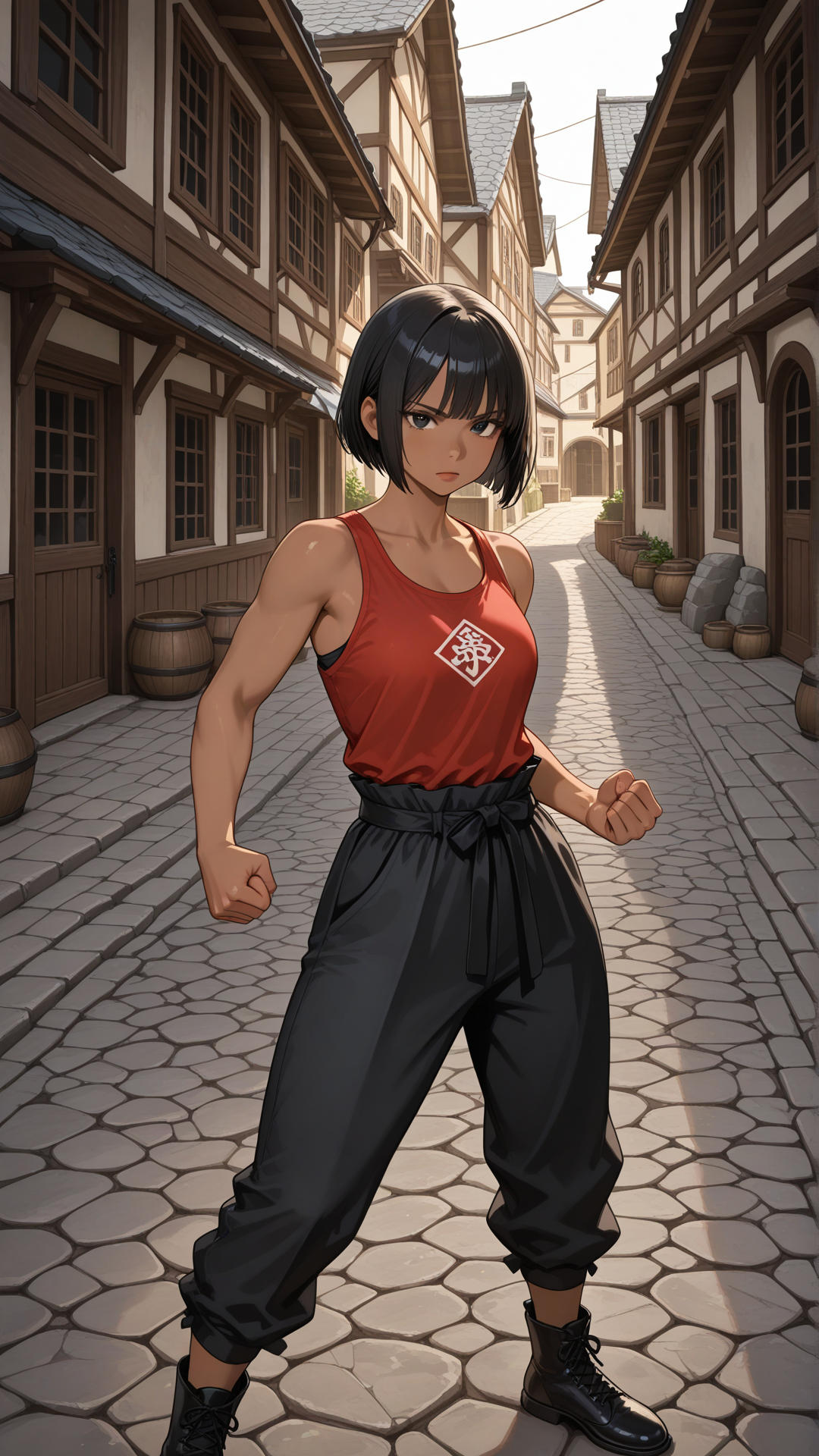 ((dark skinned female)), monk fighter attire, black hair, straight hair, black eyes, short hair, bob cut hair, red tank top, black pants, black footwear, standing, medieval background, medieval town