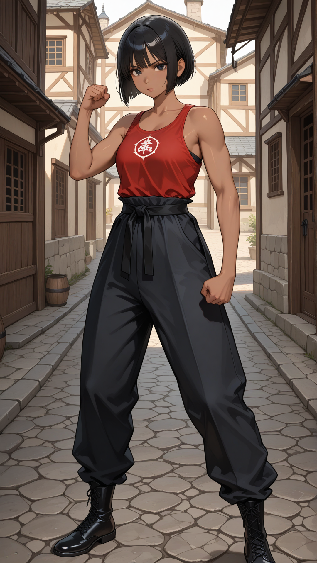 ((dark skinned female)), monk fighter attire, black hair, straight hair, black eyes, short hair, bob cut hair, red tank top, black pants, black footwear, standing, medieval background, medieval town