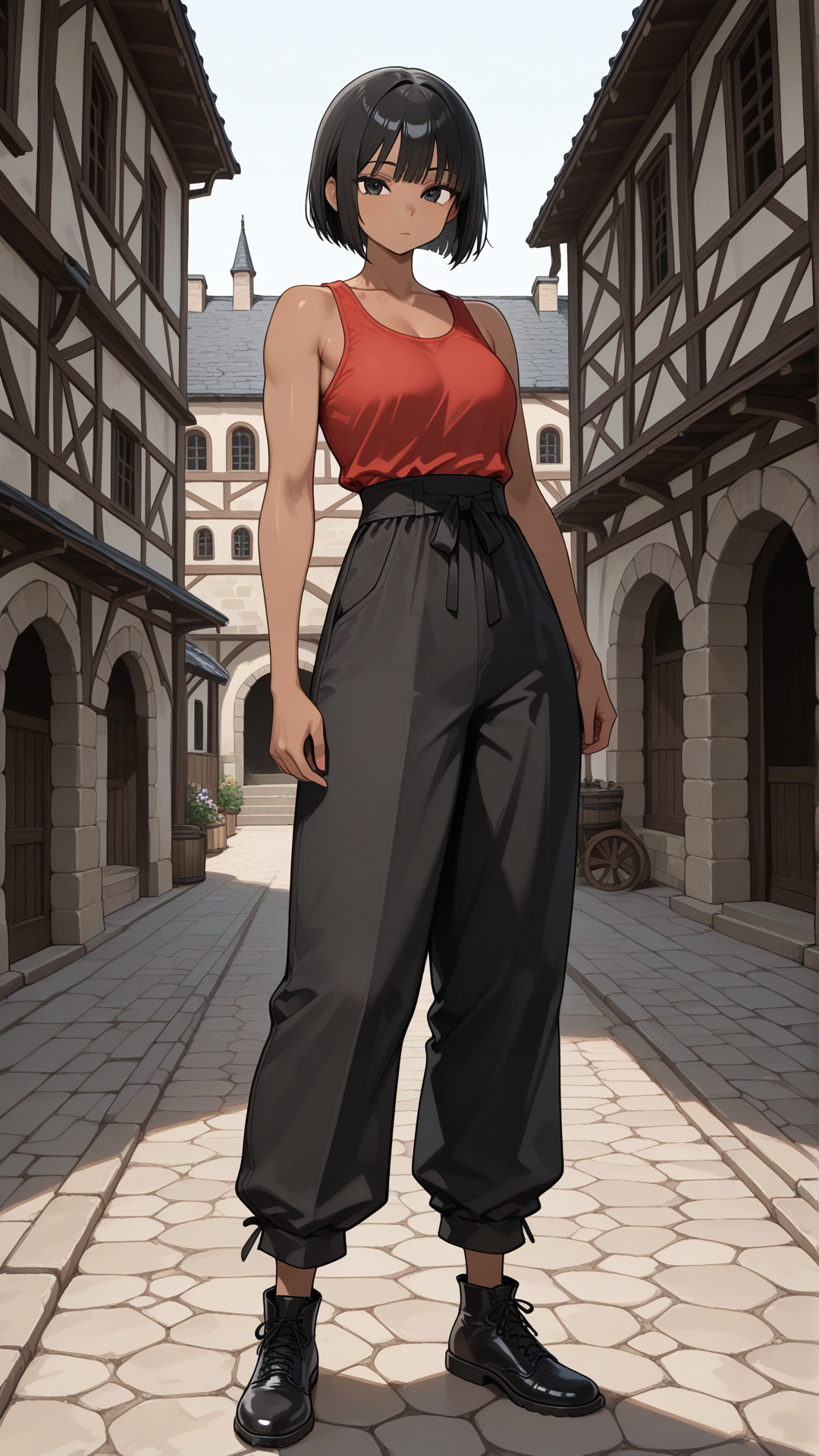((dark skinned female)), 1girl, solo, monk fighter attire, black hair, straight hair, black eyes, short hair, bob cut hair, red tank top, black pants, black footwear, standing, medieval background, medieval town