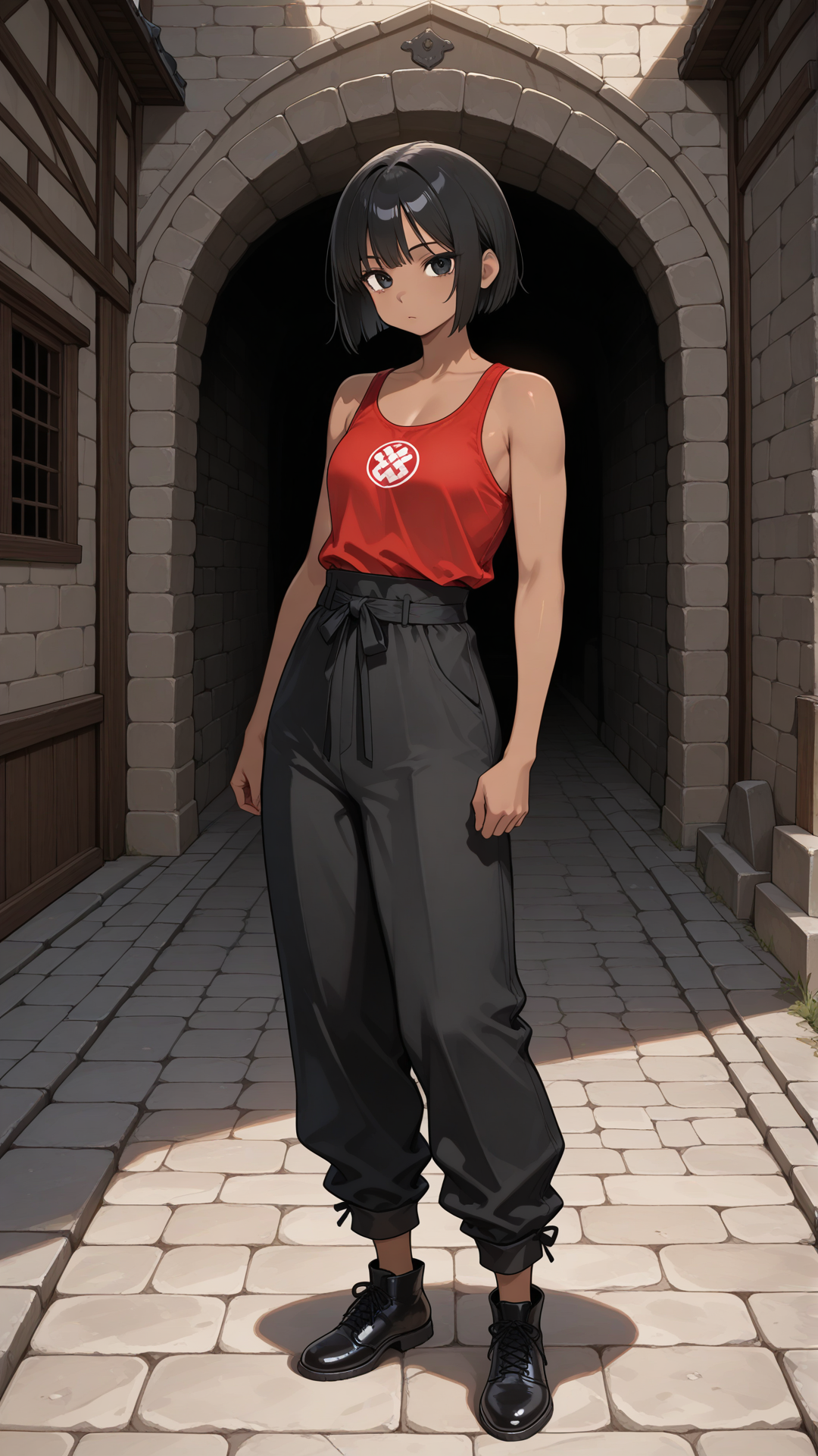 ((dark skinned female)), 1girl, solo, monk fighter attire, black hair, straight hair, black eyes, short hair, bob cut hair, red tank top, black pants, black footwear, standing, medieval background, medieval town