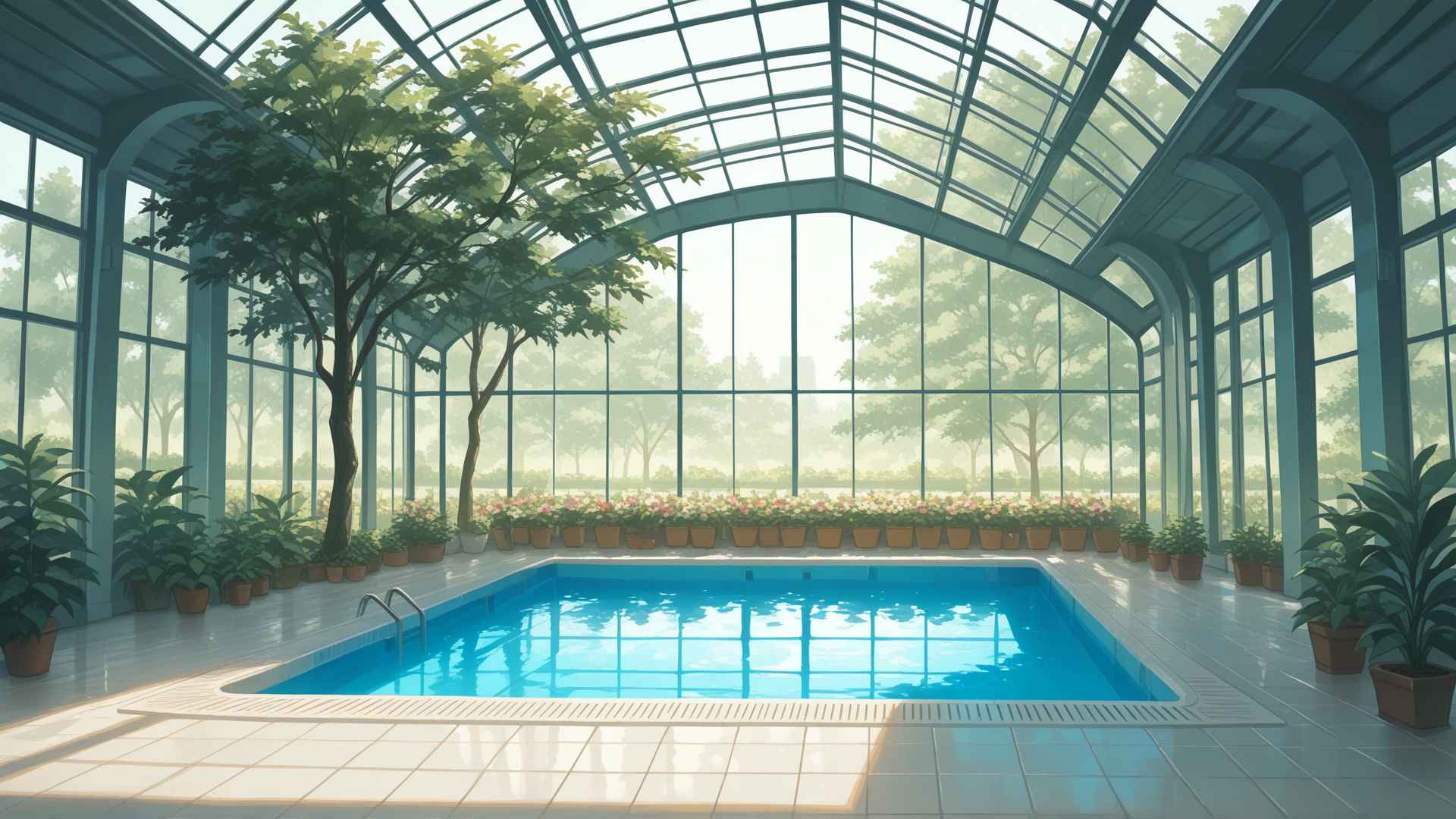 Dreamy pool backrooms with no water, garden area, greenhouse, plants and trees, flower pots, tables with chairs scattered around, soft early morning lighting, empty and calm atmosphere, no people