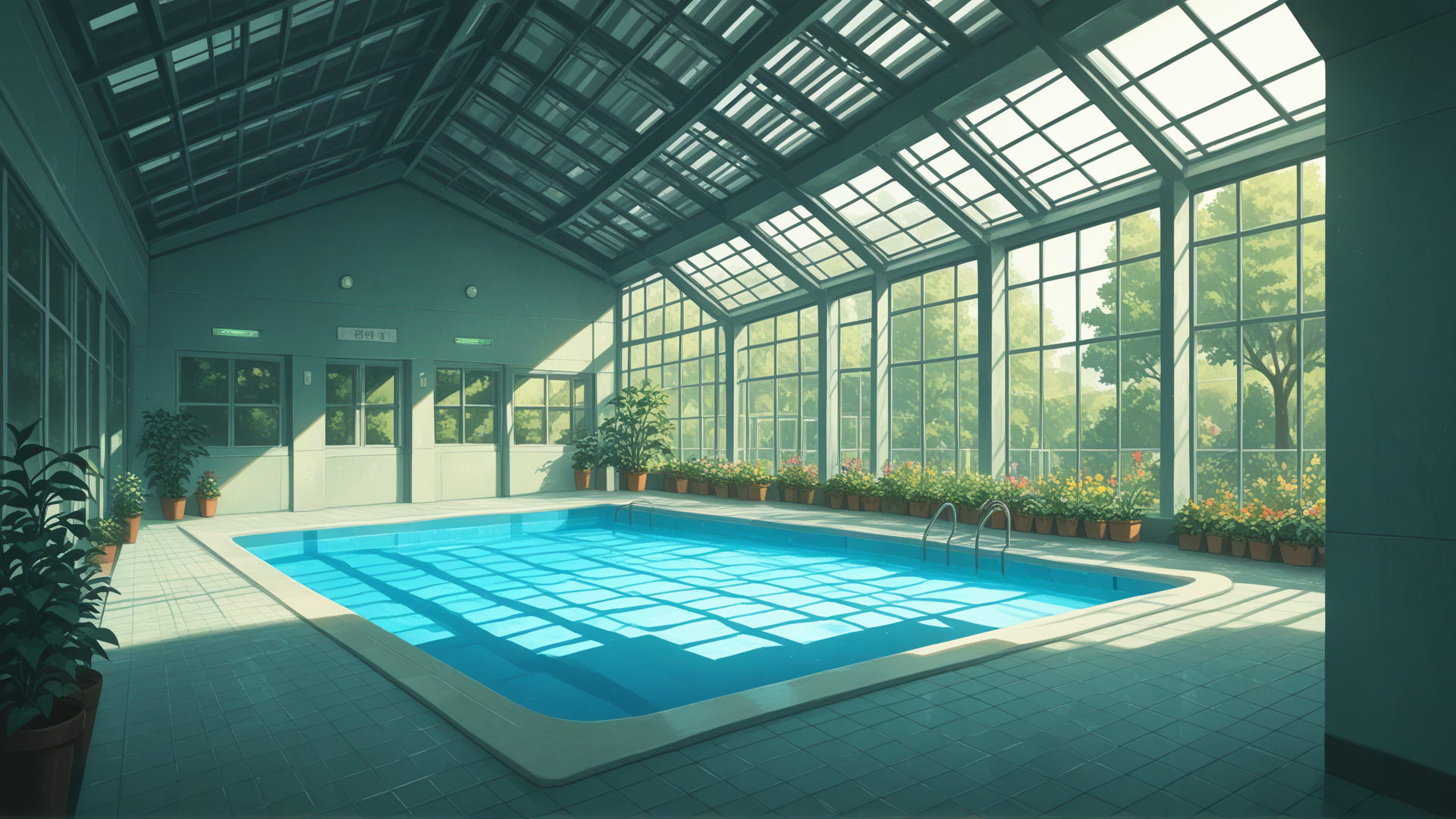 Dreamy pool backrooms with no water, garden area, greenhouse, plants and trees, flower pots, tables with chairs scattered around, soft early morning lighting, empty and calm atmosphere, no people