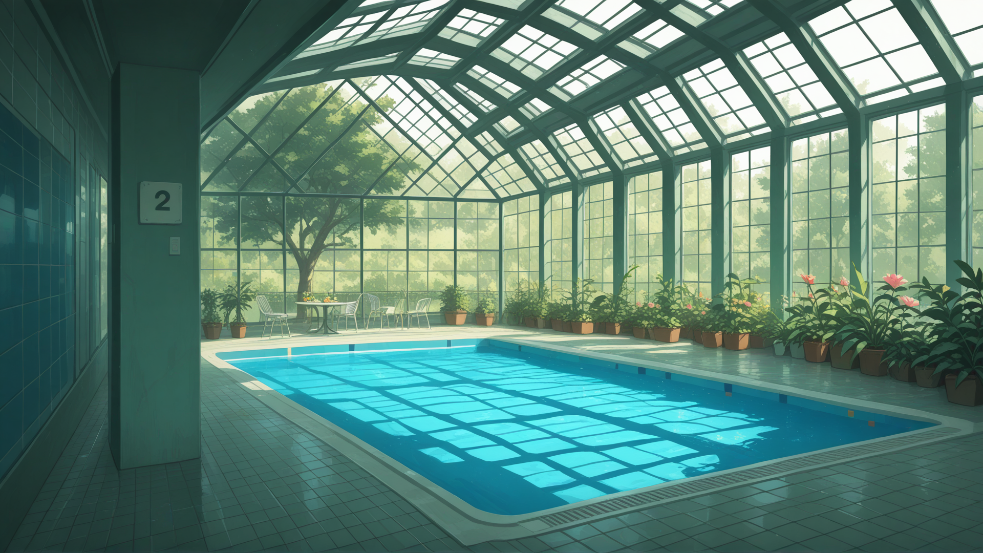Dreamy pool backrooms with no water, garden area, greenhouse, plants and trees, flower pots, tables with chairs scattered around, soft early morning lighting, empty and calm atmosphere, no people