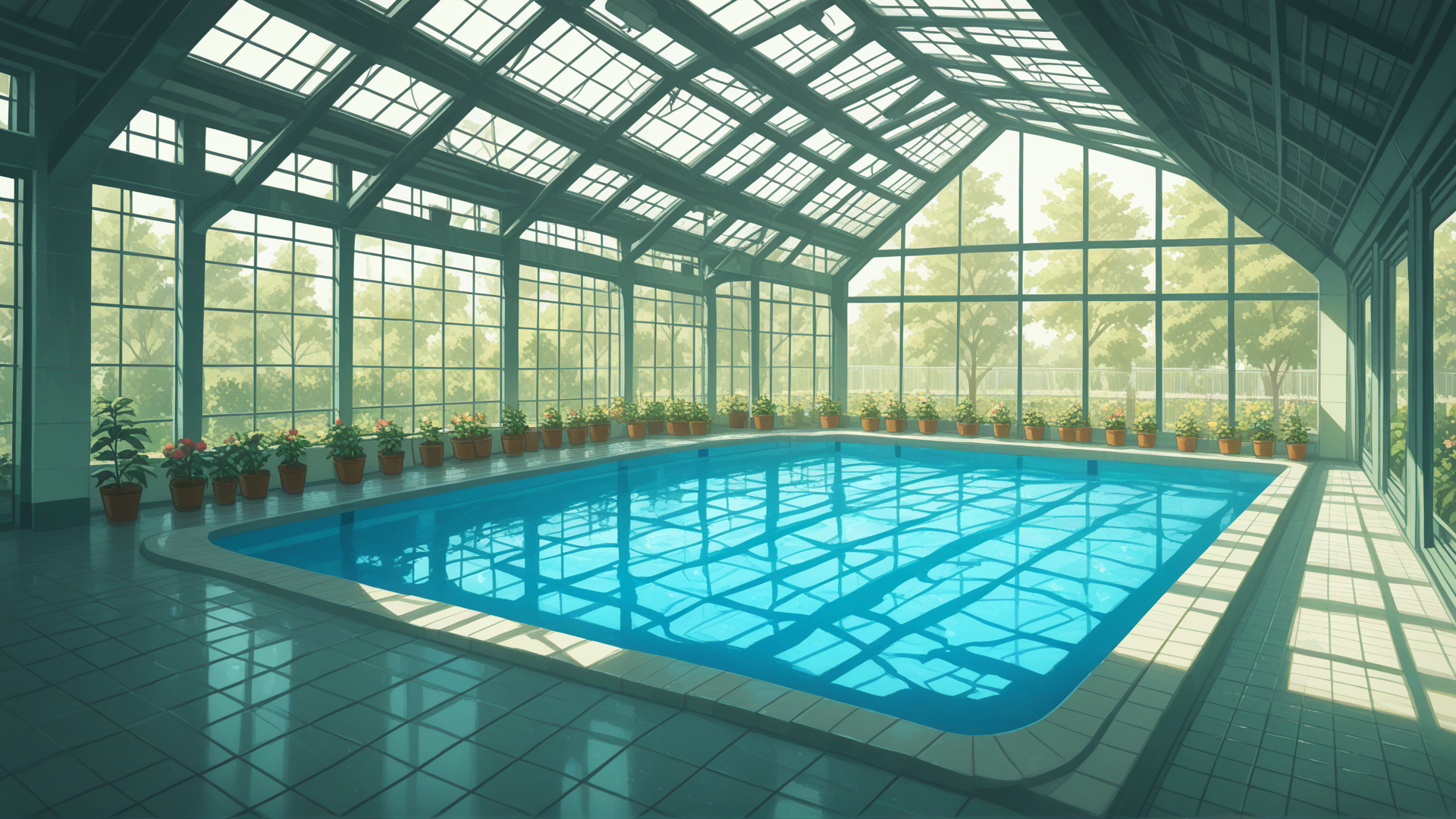 Dreamy pool backrooms with no water, garden area, greenhouse, plants and trees, flower pots, tables with chairs scattered around, soft early morning lighting, empty and calm atmosphere, no people