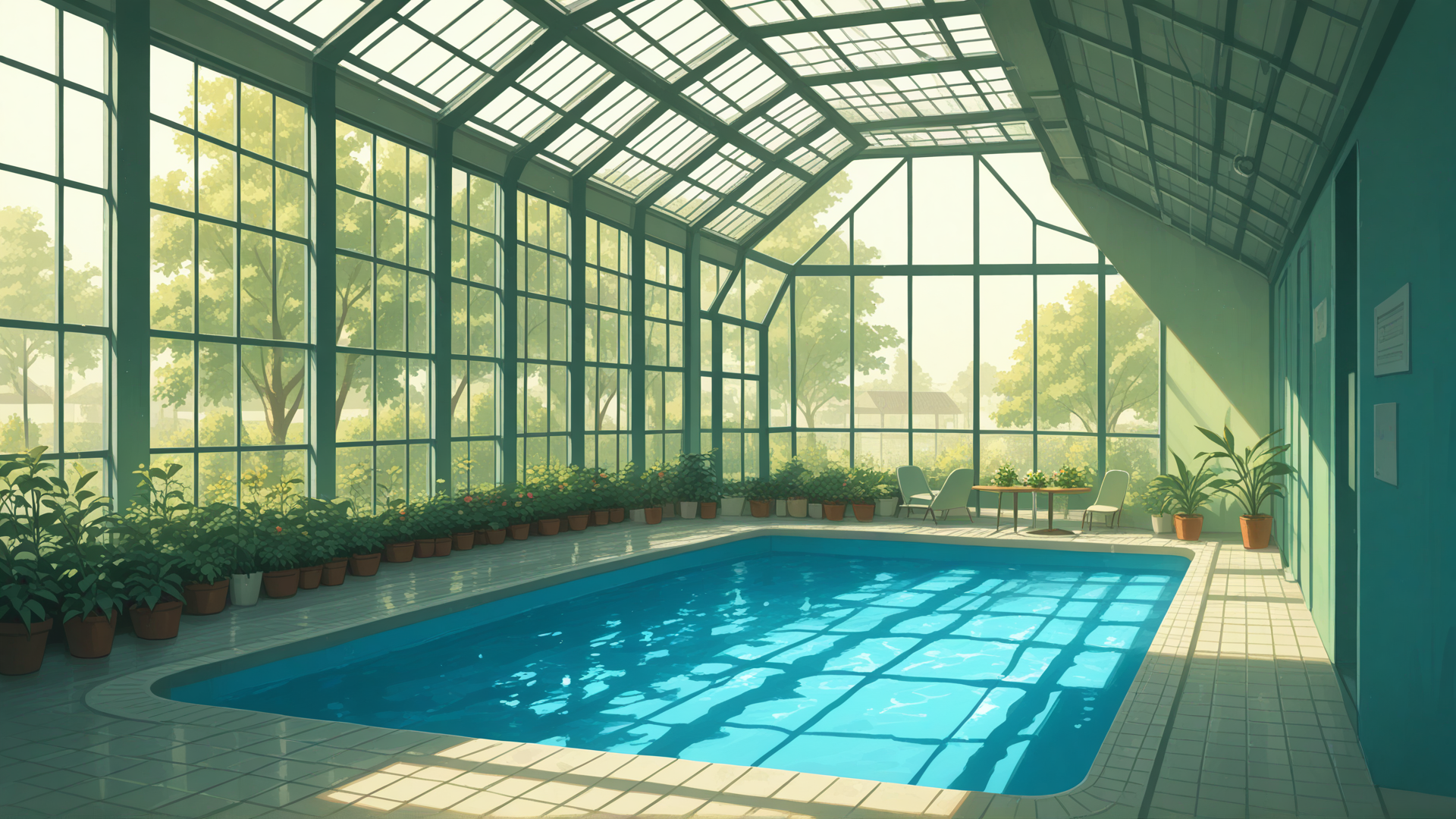 Dreamy pool backrooms with no water, garden area, greenhouse, plants and trees, flower pots, tables with chairs scattered around, soft early morning lighting, empty and calm atmosphere, no people