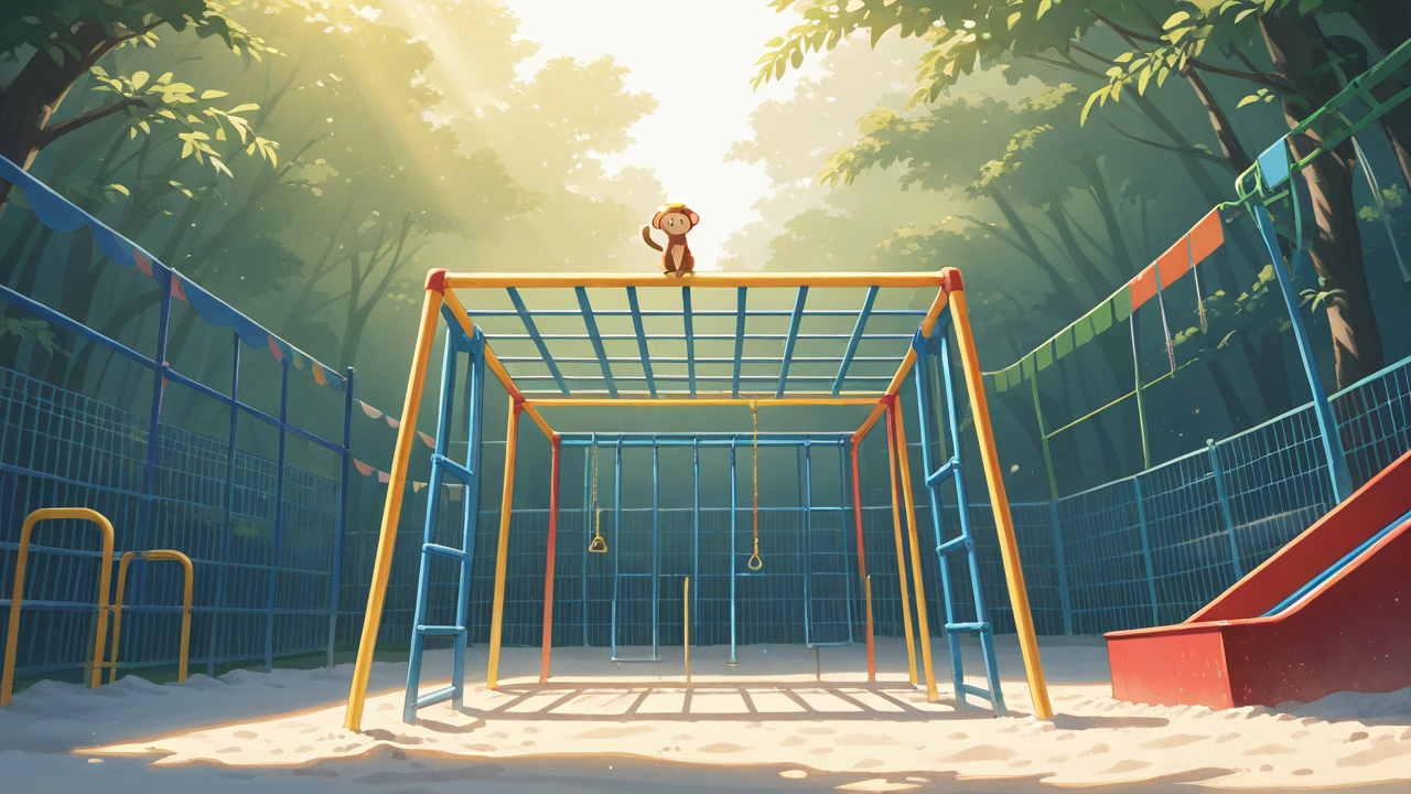 Dreamcore playground, endless slides and tunnels, jungle gym and monkey bars, swings and sandbox, soft hazy lighting, colorful but faded structures, empty and surreal atmosphere, no people