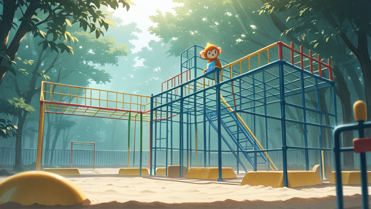 Dreamcore playground, endless slides and tunnels, jungle gym and monkey bars, swings and sandbox, soft hazy lighting, colorful but faded structures, empty and surreal atmosphere, no people