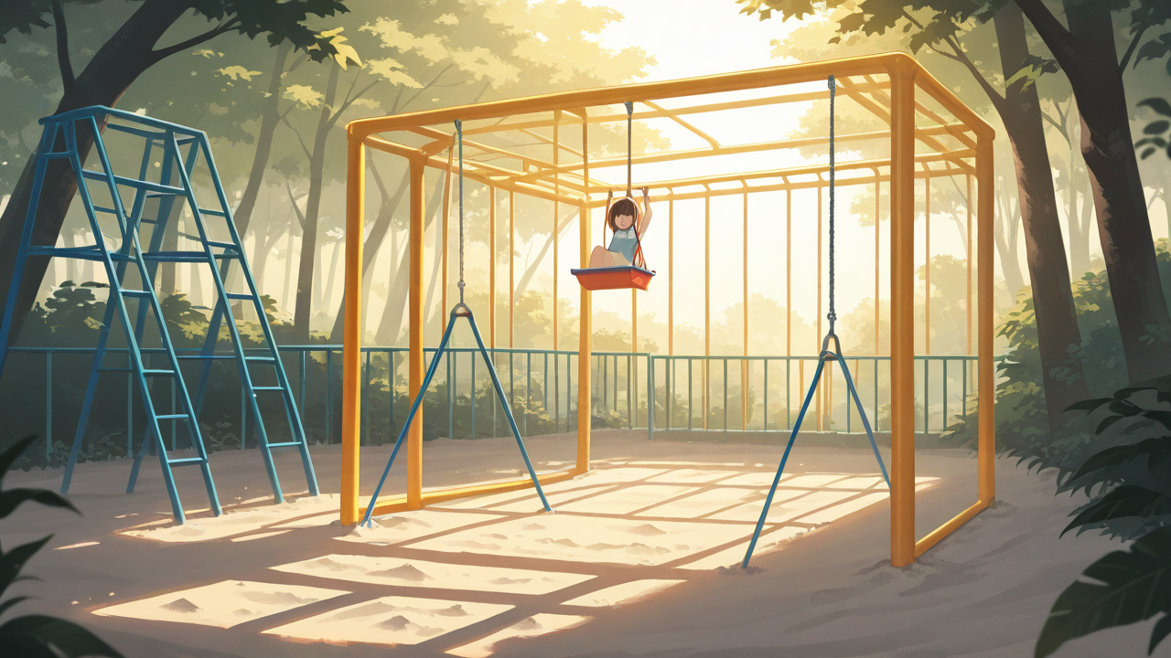 Dreamcore playground, endless slides and tunnels, jungle gym and monkey bars, swings and sandbox, soft hazy lighting, colorful but faded structures, empty and surreal atmosphere, no people