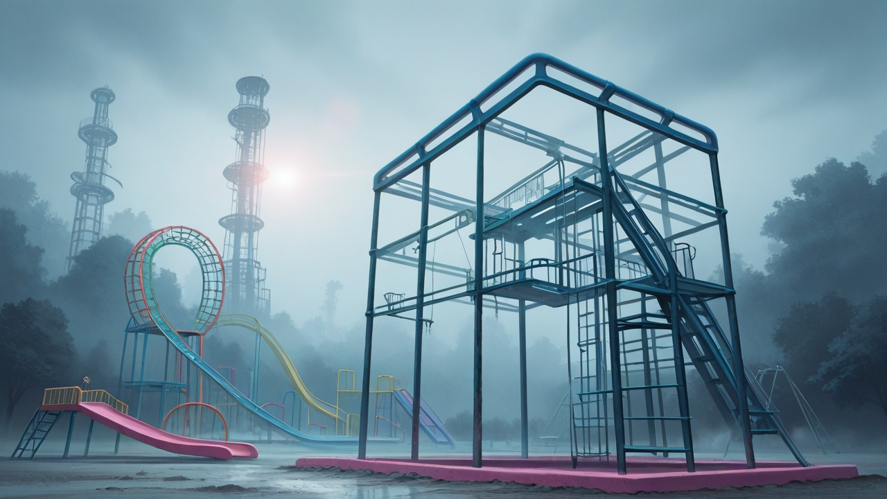 Dreamcore playground, endless slides and tunnels, jungle gym and monkey bars, swings and sandbox, soft hazy lighting, colorful but faded structures, empty and surreal atmosphere, no people
