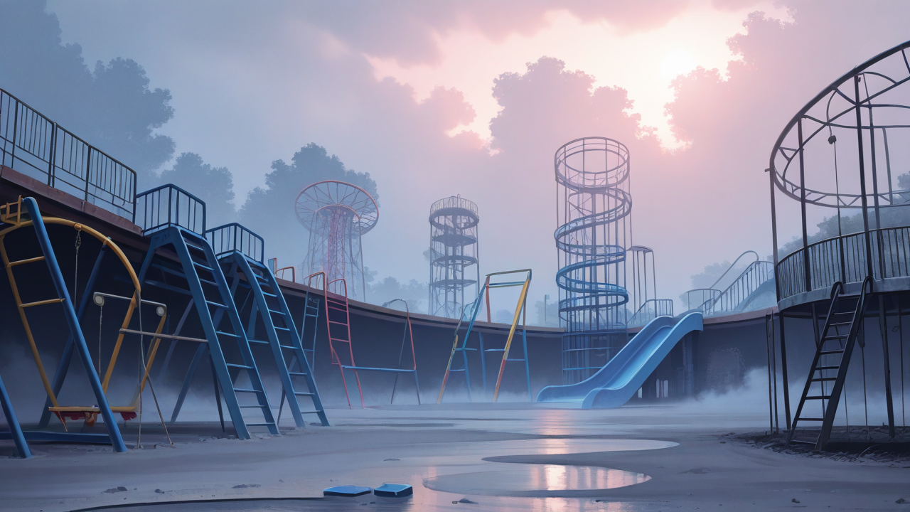 Dreamcore playground, endless slides and tunnels, jungle gym and monkey bars, swings and sandbox, soft hazy lighting, colorful but faded structures, empty and surreal atmosphere, no people