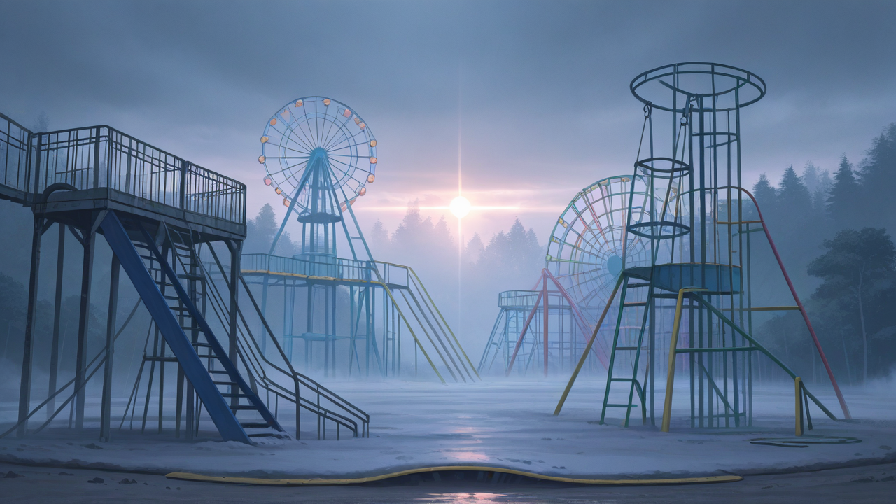 Dreamcore playground, endless slides and tunnels, jungle gym and monkey bars, swings and sandbox, soft hazy lighting, colorful but faded structures, empty and surreal atmosphere, no people