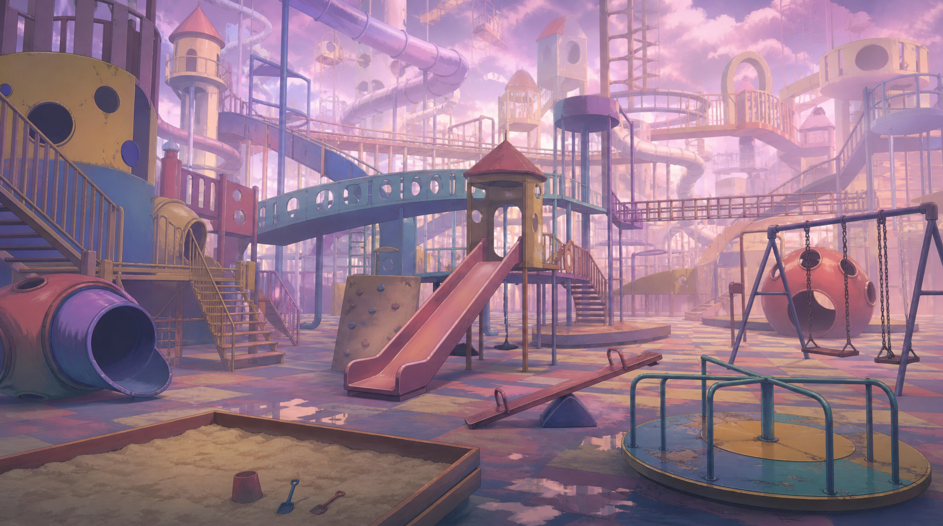 Dreamcore playground, endless slides and tunnels, jungle gym and monkey bars, swings and sandbox, stairs, seesaws, merry-go-round, climbing ladders, soft hazy lighting, colorful but faded structures, empty and surreal atmosphere, no people