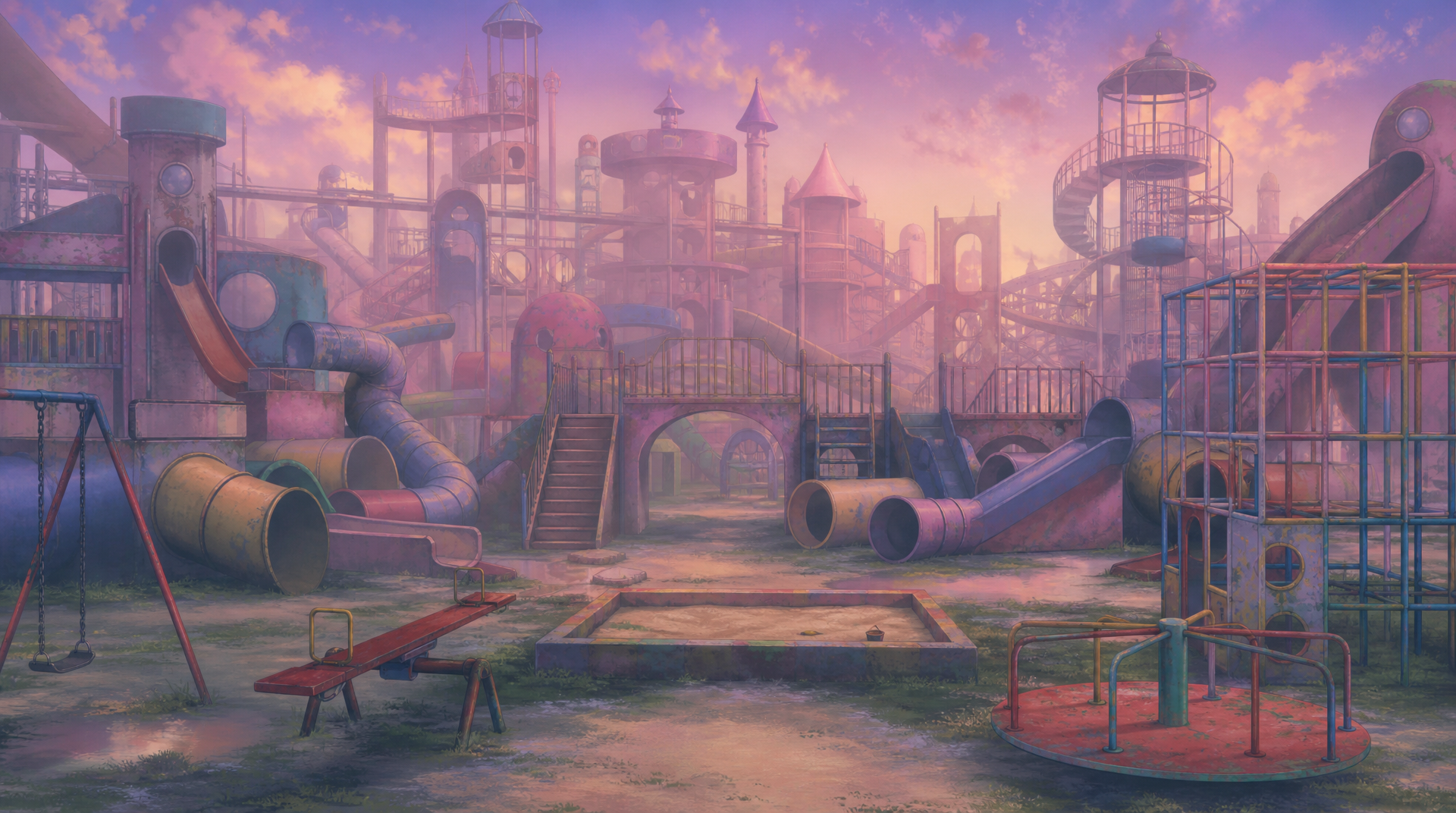 Dreamcore playground, endless slides and tunnels, jungle gym and monkey bars, swings and sandbox, stairs, seesaws, merry-go-round, climbing ladders, soft hazy lighting, colorful but faded structures, empty and surreal atmosphere, no people