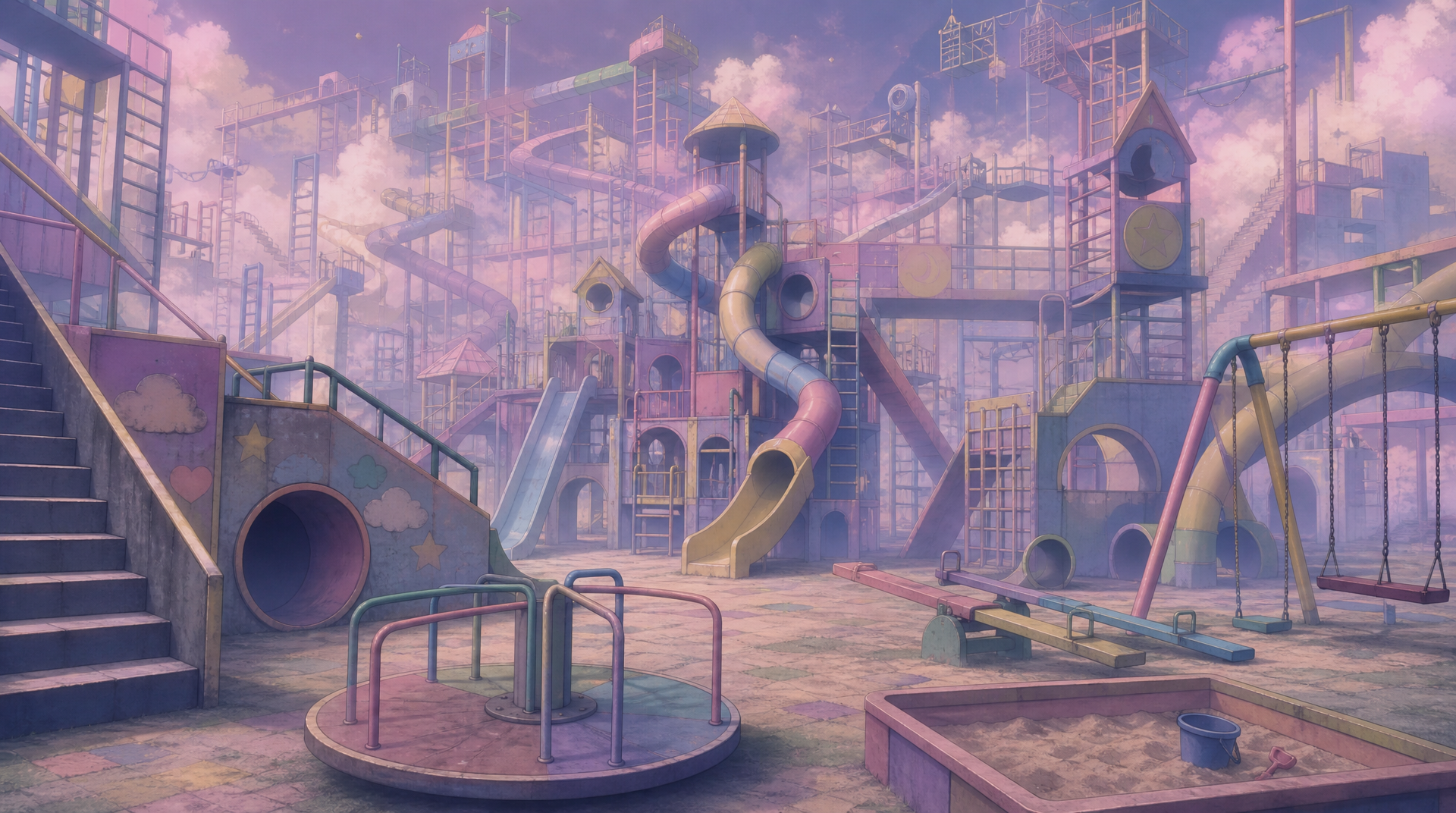 Dreamcore playground, endless slides and tunnels, jungle gym and monkey bars, swings and sandbox, stairs, seesaws, merry-go-round, climbing ladders, soft hazy lighting, colorful but faded structures, empty and surreal atmosphere, no people