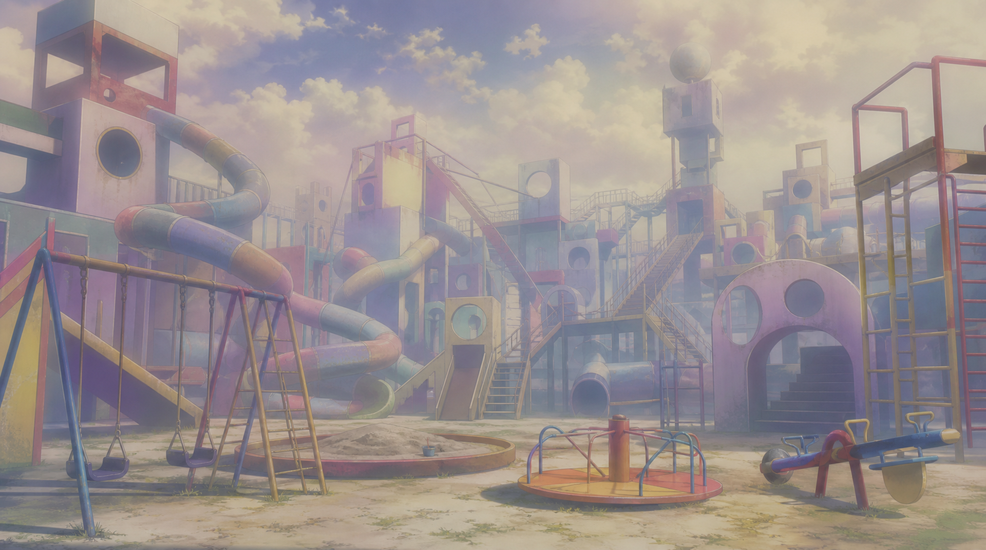 Dreamcore playground, endless slides and tunnels, jungle gym and monkey bars, swings and sandbox, stairs, seesaws, merry-go-round, climbing ladders, soft hazy lighting, colorful but faded structures, empty and surreal atmosphere, no people