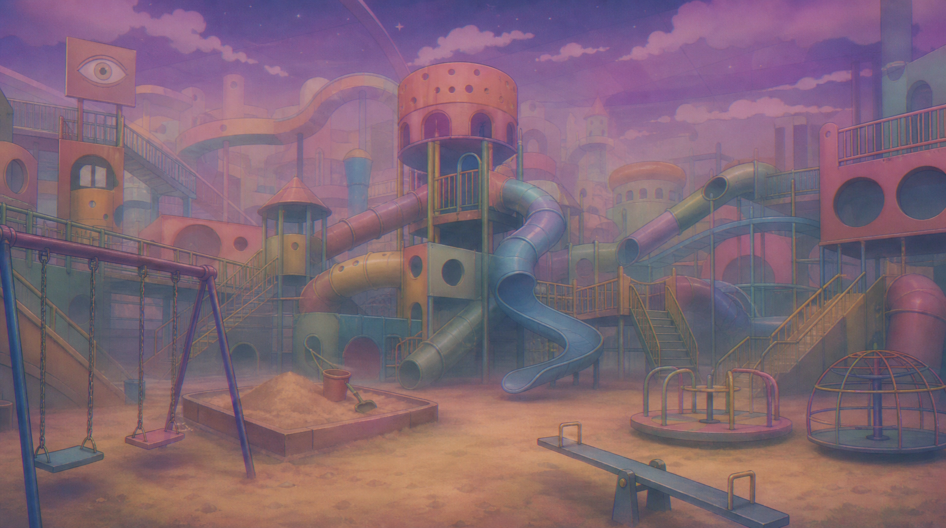 Dreamcore playground, endless slides and tunnels, jungle gym and monkey bars, swings and sandbox, stairs, seesaws, merry-go-round, climbing ladders, soft hazy lighting, colorful but faded structures, empty and surreal atmosphere, no people