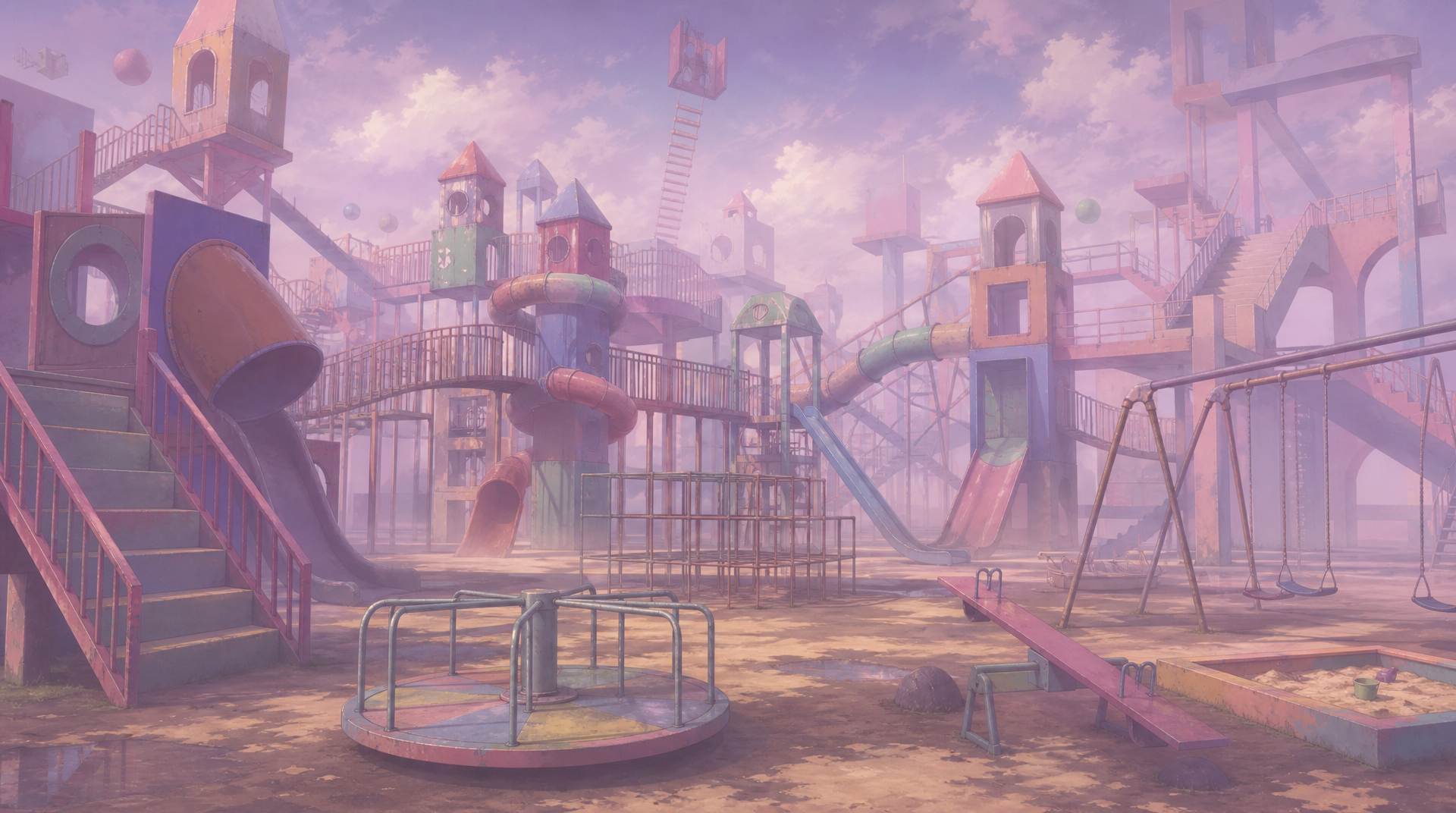 Dreamcore playground, endless slides and tunnels, jungle gym and monkey bars, swings and sandbox, stairs, seesaws, merry-go-round, climbing ladders, soft hazy lighting, colorful but faded structures, empty and surreal atmosphere, no people