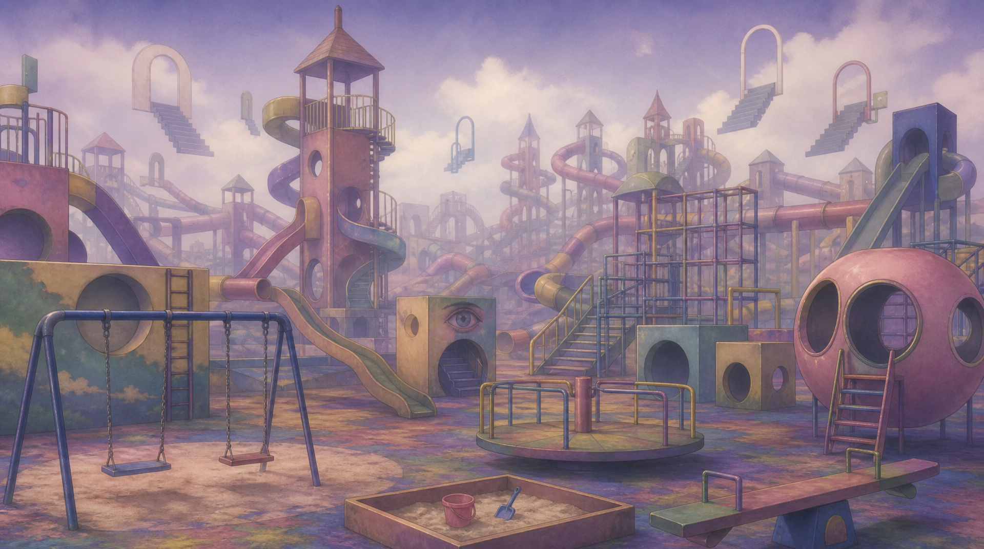 Dreamcore playground, endless slides and tunnels, jungle gym and monkey bars, swings and sandbox, stairs, seesaws, merry-go-round, climbing ladders, soft hazy lighting, colorful but faded structures, empty and surreal atmosphere, no people