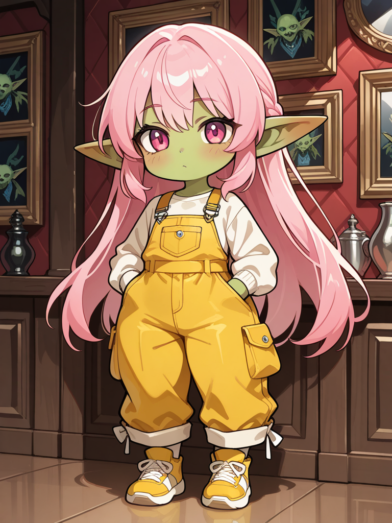 A shortstack female goblin with vibrant emerald green skin, pointed ears, and long straight pink hair stands in a sleek modern lounge, looking at the viewer. She wears a yellow crop top with yellow cargo overalls featuring suspenders, multiple pockets, and wide legs, paired with matching yellow regular footwear. full body, no realism, fantasy art style.
