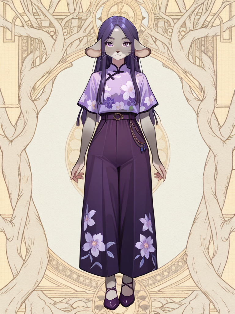 A female ratfolk (((((furry rat))))), with soft grey fur, large rounded ears, whiskers, and long straight purple hair stands in a sleek modern setting, looking at the viewer. She wears a purple floral print short-sleeve top with solid purple wide-leg pants and matching floral side panel, paired with matching purple regular footwear. full body, no realism, fantasy art style.